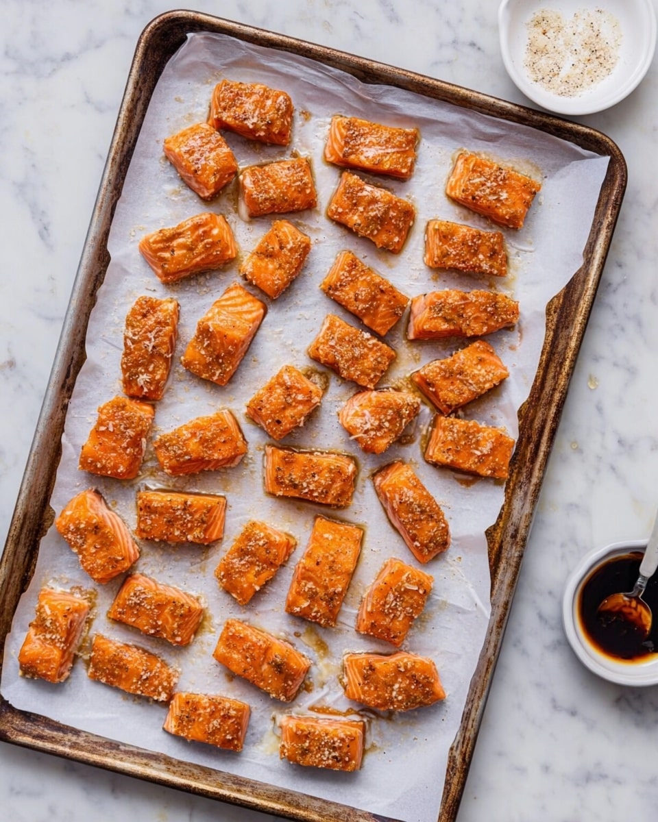 The image shows a baking tray lined with white parchment paper holding many small, evenly spaced pieces of cooked salmon. Each salmon piece is rectangular or slightly irregular, with a rich orange color and a slightly crispy, browned outer texture. The tray sits on a white marbled surface, and to the side, a small white dish with a dark sauce is partially visible. The overall look is neat, warm, and appetizing, focusing on the salmon pieces' cooked texture and color. photo taken with an iphone --ar 4:5 --v 7