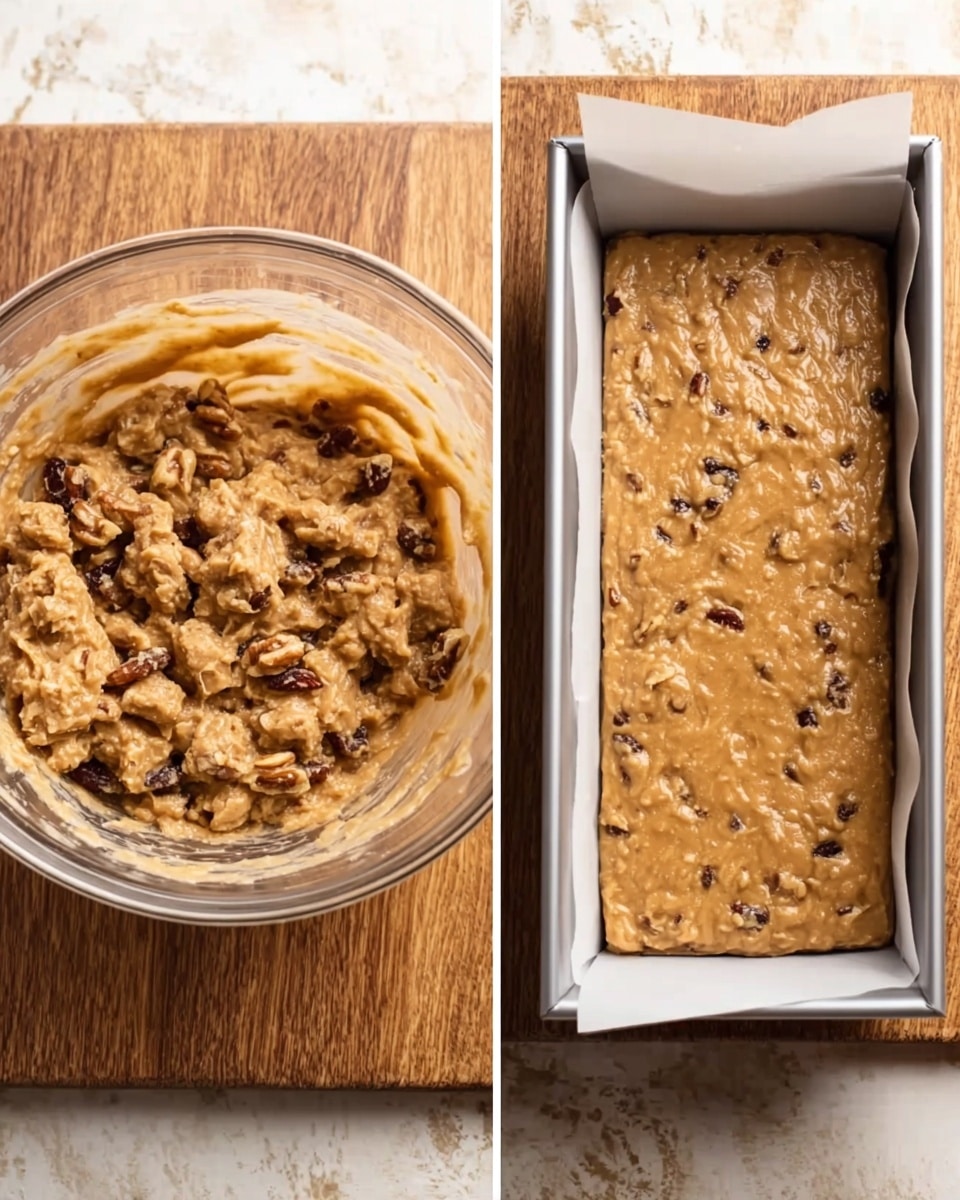 The image shows two side-by-side photos of a thick, light brown mixture with visible chunks of nuts and raisins. On the left, the mixture is inside a clear glass bowl sitting on a wooden surface, with a textured, creamy appearance full of small and large pieces. On the right, the same mixture is spread evenly in a rectangular metal baking pan lined with white parchment paper, ready for baking. The background is a white marbled texture. Photo taken with an iphone --ar 4:5 --v 7