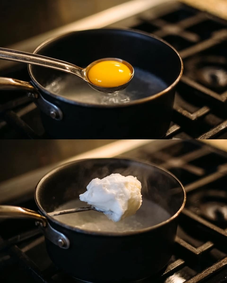The image shows two black saucepans on a stove with a boiling water bath. In the left frame, a small metal ladle holds a single raw egg yolk above the simmering water. The yolk is bright yellow and smooth. In the right frame, a spoon lifts a large dollop of white, creamy substance above the water, showing its soft texture. The background is dark and the stove grates are visible below the pans. photo taken with an iphone --ar 4:5 --v 7