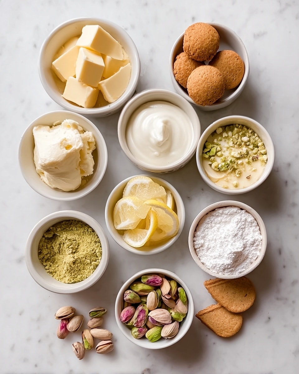 The image shows nine small white bowls arranged on a white marbled surface. From top left to bottom right, the bowls contain different ingredients: the first has light yellow cubed butter, the second has light brown round cookies, the third has a smooth white cream, the fourth holds more cubed butter similar to the first, the fifth contains a garlicky powder that is greenish-yellow with some brown bits, the sixth is filled with a pale creamy mixture, the seventh has white powdered sugar, the eighth holds thin bright yellow lemon slices, and the ninth contains greenish pistachio nuts with some pink-purple parts. A few of the light brown cookies are placed beside their bowl on the surface. photo taken with an iphone --ar 4:5 --v 7