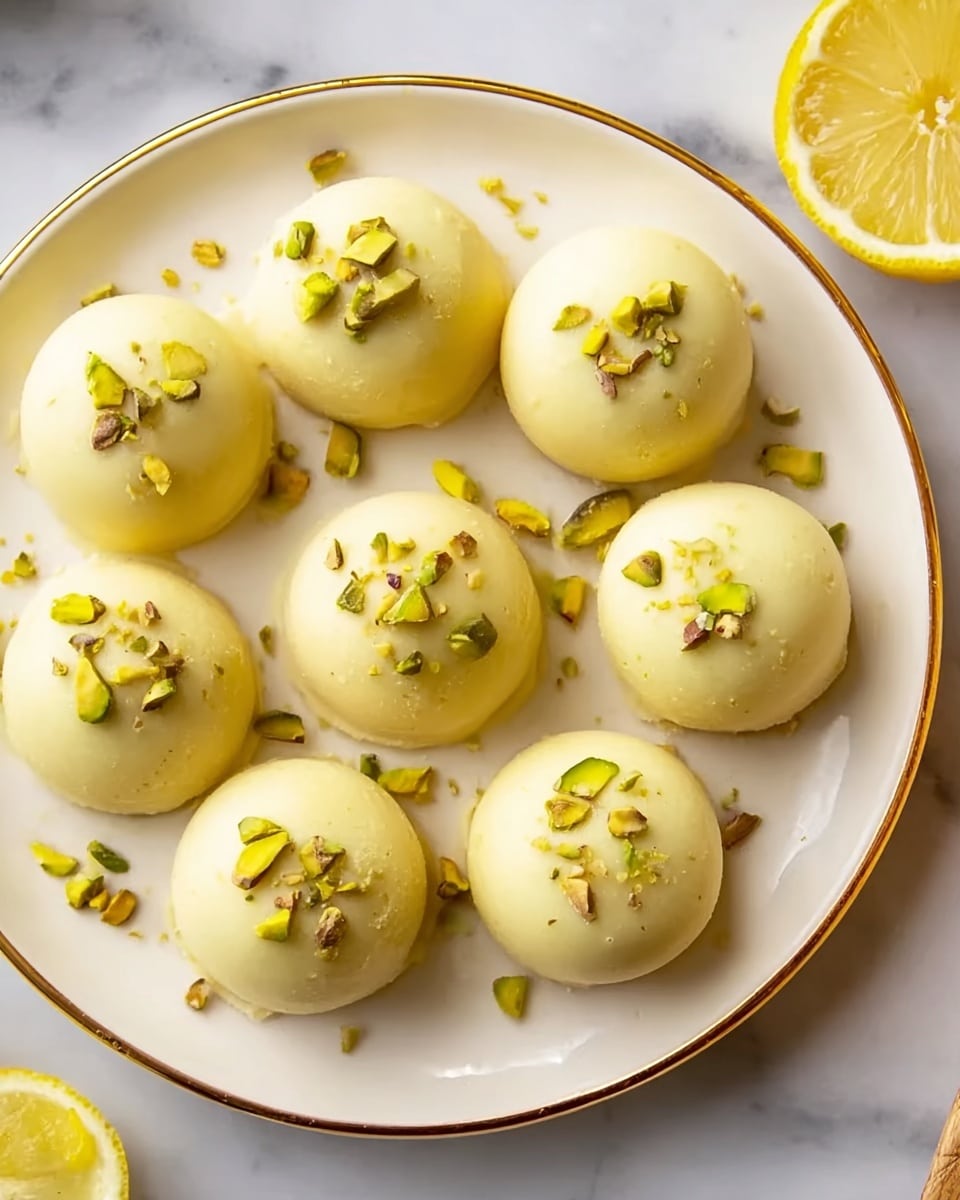 A white plate with a gold rim holds eleven small round sweets that are smooth and pale yellow in color. Each sweet is topped with small pieces of green pistachios scattered on the top. The plate sits on a white marbled surface with part of a sliced lemon visible at the top right corner. The lighting is soft, highlighting the smooth texture of the sweets. Photo taken with an iphone --ar 4:5 --v 7