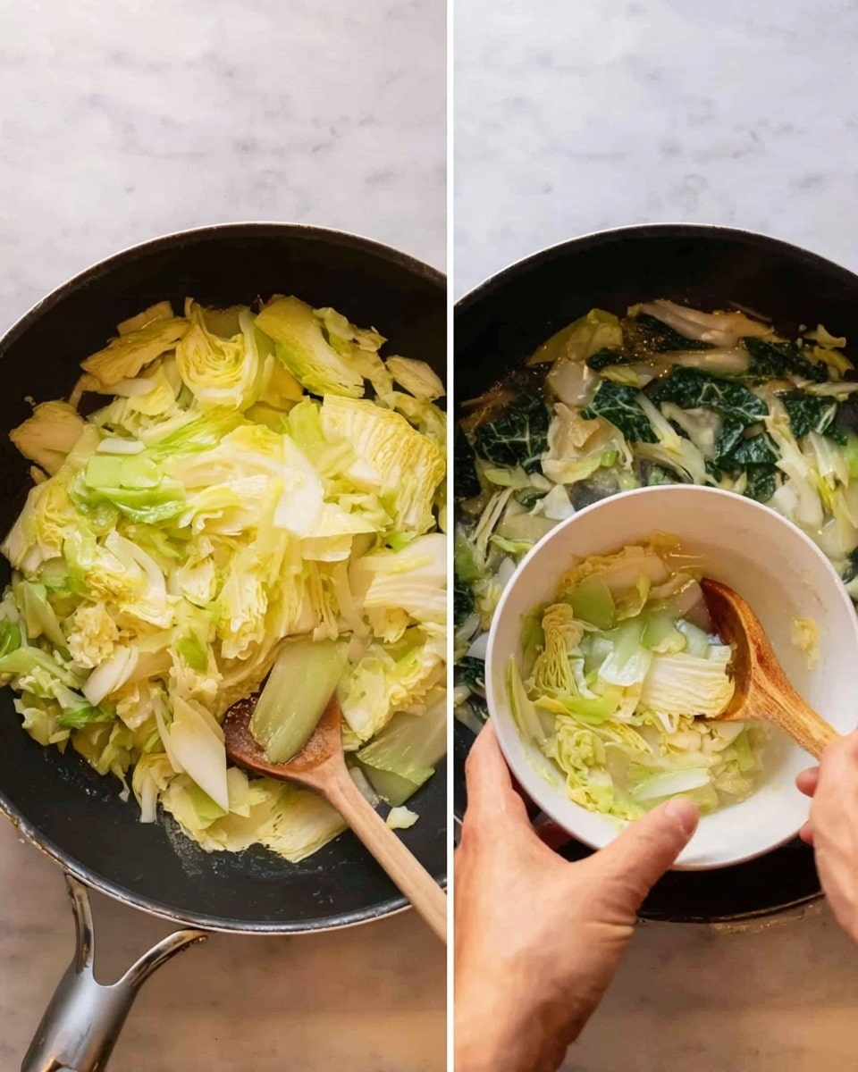 The image shows two close-up views of a cooking process in a dark skillet on a white marbled surface. The left side features a layer of large, pale yellow and light green leafy vegetable pieces, stacked loosely and filling the skillet. On the right side, a woman's hand holds a small white bowl over the skillet while stirring a wooden spoon inside the bowl, with cooked leafy vegetables inside the skillet, appearing softer and more mixed, showing white and light green colors with some translucent parts. Photo taken with an iphone --ar 4:5 --v 7