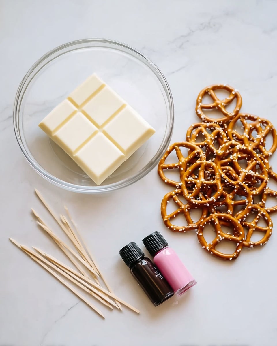 The image shows a clear glass bowl with a square white chocolate bar inside it, placed on a white marbled surface. To the right of the bowl, there is a neat pile of small, golden-brown pretzels sprinkled with salt. Below the glass bowl and pretzels, there are two small bottles of food coloring—one black and one pink—and four wooden toothpicks arranged casually. The scene is well-lit, with soft shadows enhancing the textures of the chocolate, pretzels, and the smooth glass bowl. photo taken with an iphone --ar 4:5 --v 7