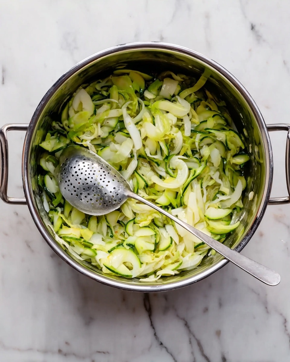 The image shows a top view of a shiny metal pot with two handles on a white marbled surface. Inside the pot, there is a mix of thinly sliced light green and white vegetables, which look soft and slightly cooked. A metal spoon with holes is placed inside the pot, resting on the vegetables. The colors inside the pot are mostly pale green, white, and light yellow. Photo taken with an iphone --ar 4:5 --v 7