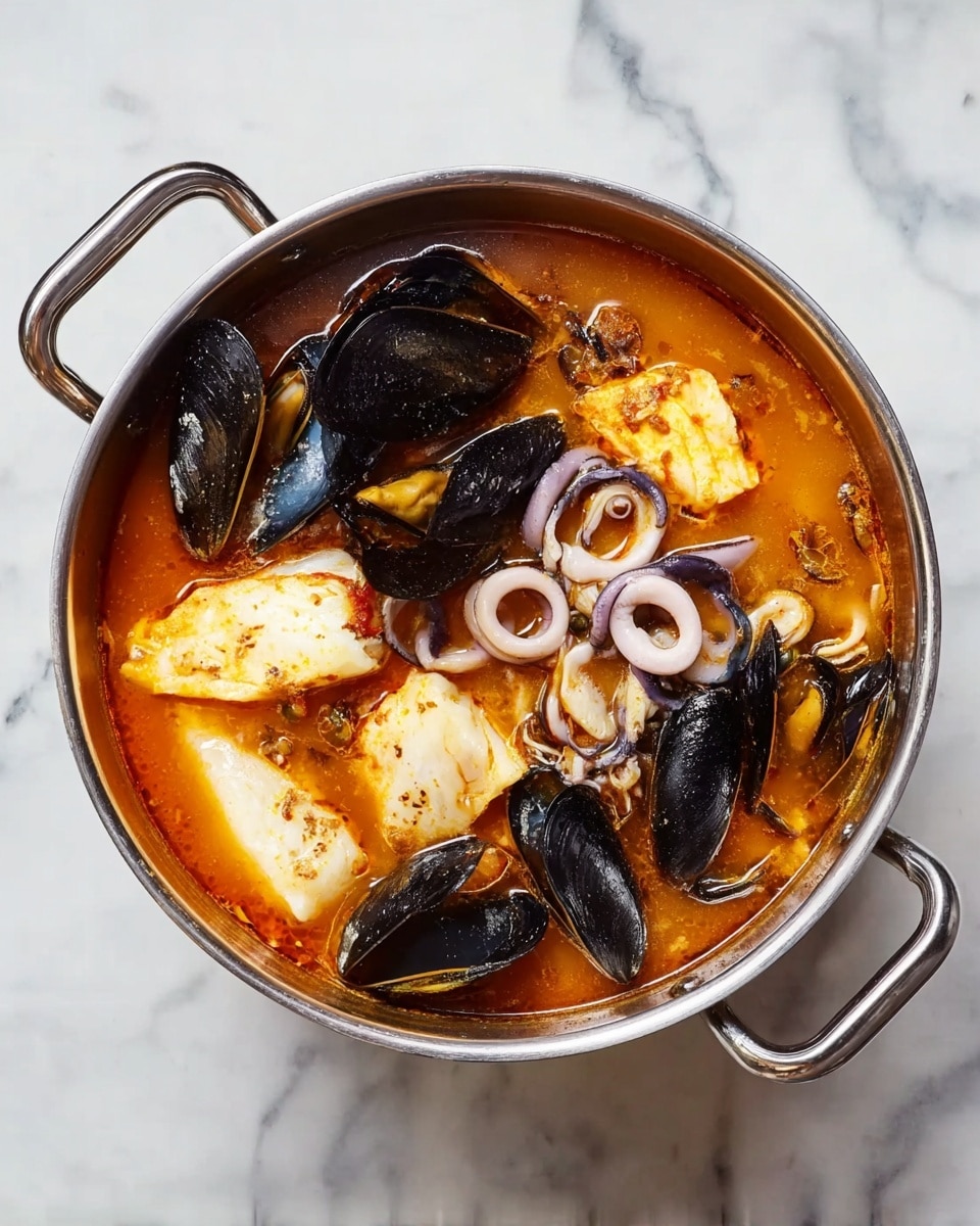 A metal pot filled with a seafood stew sits on a white marbled surface. Inside, the stew has three clear sections: pieces of white fish with a soft and slightly flaky texture in one part, black mussels with shiny, smooth shells grouped together in another, and small, pale squid rings with purple edges packed closely in the last section. The liquid is an orange-brown broth with visible small bits of vegetables and spices floating throughout. The pot has two handles on either side, and the photo taken with an iphone --ar 4:5 --v 7