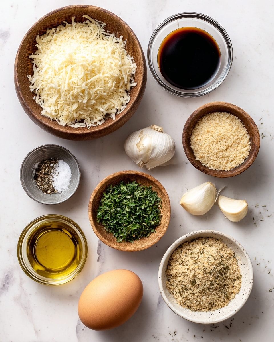 The image shows a top view of various ingredients arranged neatly on a white marbled surface. There is a large wooden bowl filled with finely grated pale yellow parmesan cheese at the top left. To the right of it, a small clear glass bowl holds dark brown Worcestershire sauce. Below the sauce, two peeled garlic cloves rest directly on the surface. Beside the garlic, there is a small matte silver cup containing a mix of black pepper and white salt. In the center, a clear round bowl is filled with light brown breadcrumbs with a coarse texture. To the left of the breadcrumbs, a small clear glass bowl holds golden olive oil. Below the olive oil, a whole brown egg lies on the surface. Near the egg, there is a small wooden bowl with fine beige onion powder. To the right of the onion powder, a small white bowl with brown speckles contains finely chopped bright green parsley. Above the egg and parsley, there is another small white bowl with brown speckles holding dried green oregano leaves. All items are spaced evenly for a clean, organized look, photo taken with an iphone --ar 4:5 --v 7