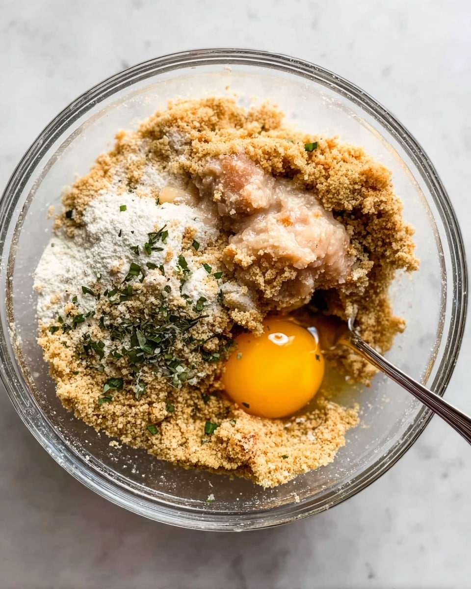 A clear glass bowl sits on a white marbled surface, filled with several layers of ingredients being mixed. At the bottom, there is a light brown crumbly layer, textured like breadcrumbs. Green herbs are scattered unevenly on top, adding small specks of bright green color. There is a thick, pale pinkish-beige mixture that looks soft and slightly sticky, sitting mostly on one side of the bowl. On the other side, a bright yellow raw egg yolk rests whole and shiny, surrounded by some white powdery flour or seasoning. A silver spoon is partially inserted into the mix. The light source highlights the wet and dry textures clearly. photo taken with an iphone --ar 4:5 --v 7