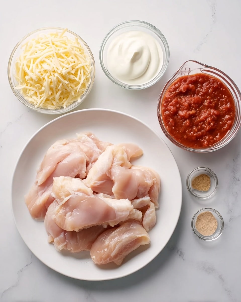 The image shows four layers of raw chicken pieces placed side by side on a large white plate, centered on a white marbled surface. Above the plate, there are four smaller glass containers arranged in a loose arc: shredded light yellow cheese in a white bowl on the left, creamy white sour cream in a small glass bowl in the center, a larger glass measuring cup filled with chunky red salsa on the right, and a small glass bowl of light brown powder seasoning below the cheese. The lighting is bright and soft, highlighting the fresh textures and colors of each item, with no shadows or distractions. Photo taken with an iphone --ar 4:5 --v 7