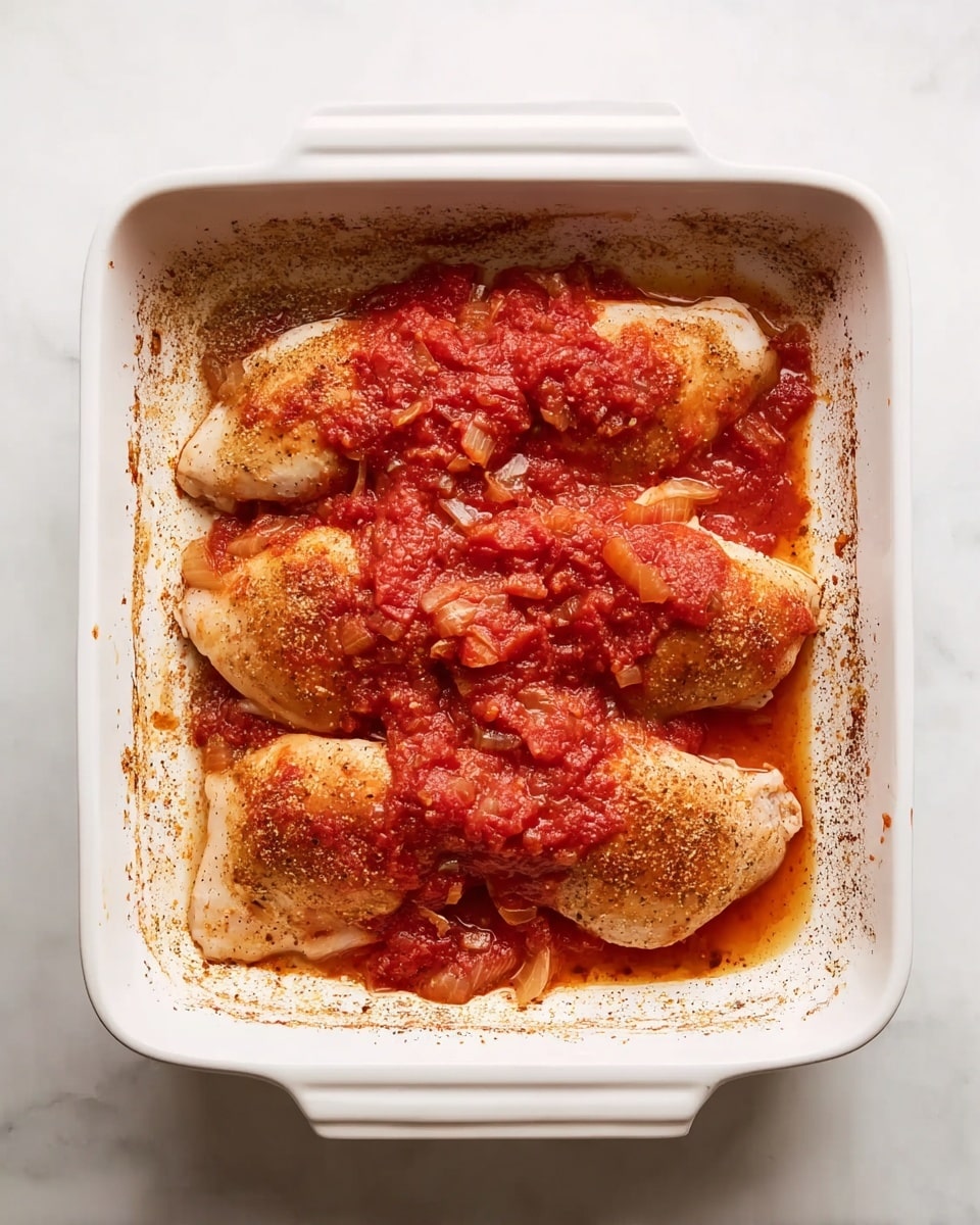 A white rectangular baking dish holds six pieces of light brown chicken laid flat in a single layer, spaced close together. On top of the chicken, there is a thick layer of chunky red tomato sauce spread mostly across the center, with visible pieces of tomato and small bits of onion or garlic. The edges of the dish show some browned spots where the sauce and seasoning have baked slightly onto the white dish. The dish sits on a white marbled surface. photo taken with an iphone --ar 4:5 --v 7