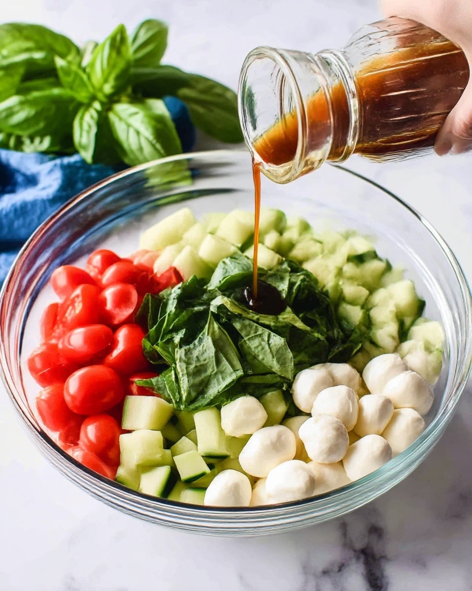 A clear glass bowl holds four main layers of fresh salad ingredients arranged in sections: bright red grape tomatoes on the top left, crisp green cucumber chunks on the right, a heap of chopped dark green leafy basil in the center, and smooth white mozzarella balls on the bottom left. Above the bowl, a woman's hand pours light brown dressing from a small glass bottle, with fresh basil leaves and a blue cloth placed softly in the white marbled background. photo taken with an iphone --ar 4:5 --v 7