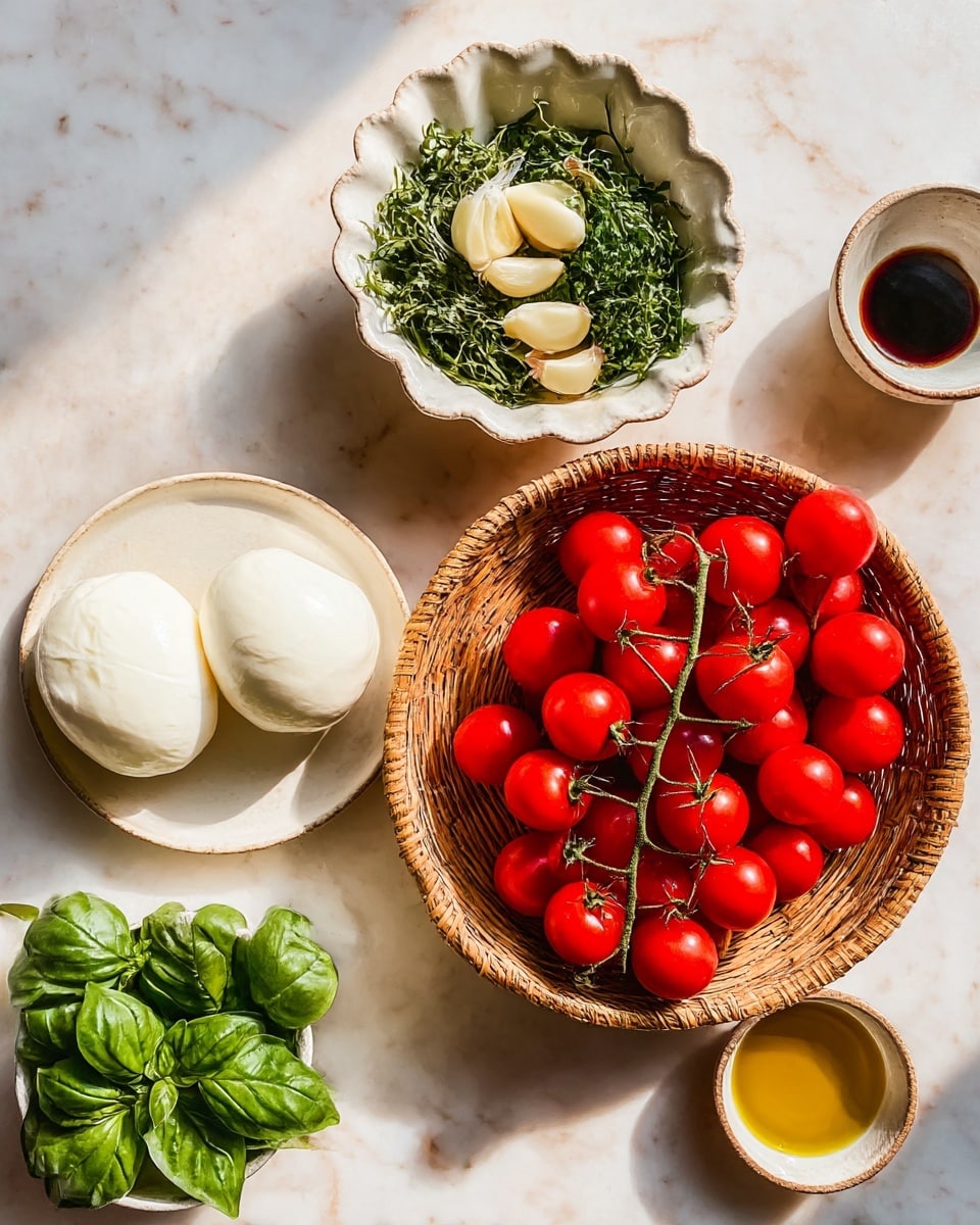 A round white plate holds two smooth, white mozzarella balls on the left side of the image. To the right, a round woven basket is filled with many bright red cherry tomatoes still on green stems, creating a vibrant contrast. Above the cheese, there is a scalloped white bowl with fresh green herbs and peeled garlic cloves on top. To the right of this bowl, there are two small white bowls partially visible, one with a dark balsamic-like liquid and another with a golden olive oil liquid. Below the cheese, a small white bowl contains fresh green basil leaves. All the items are on a white marbled surface with soft natural lighting. Photo taken with an iphone --ar 4:5 --v 7