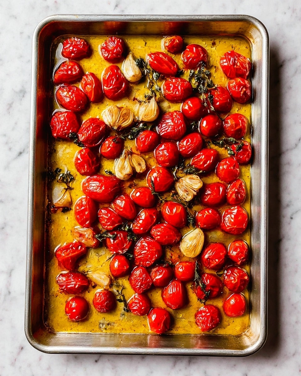 A metal baking tray is filled with roasted small red tomatoes, some with slightly cracked and wrinkled skin, scattered evenly across the tray. Among the tomatoes, there are several light brown roasted garlic cloves, some slightly browned at the edges, and sprigs of dark green herbs spread around. A golden layer of olive oil coats the bottom of the tray, giving a shiny and oily texture. The tray is placed on a white marbled surface. Photo taken with an iphone --ar 4:5 --v 7