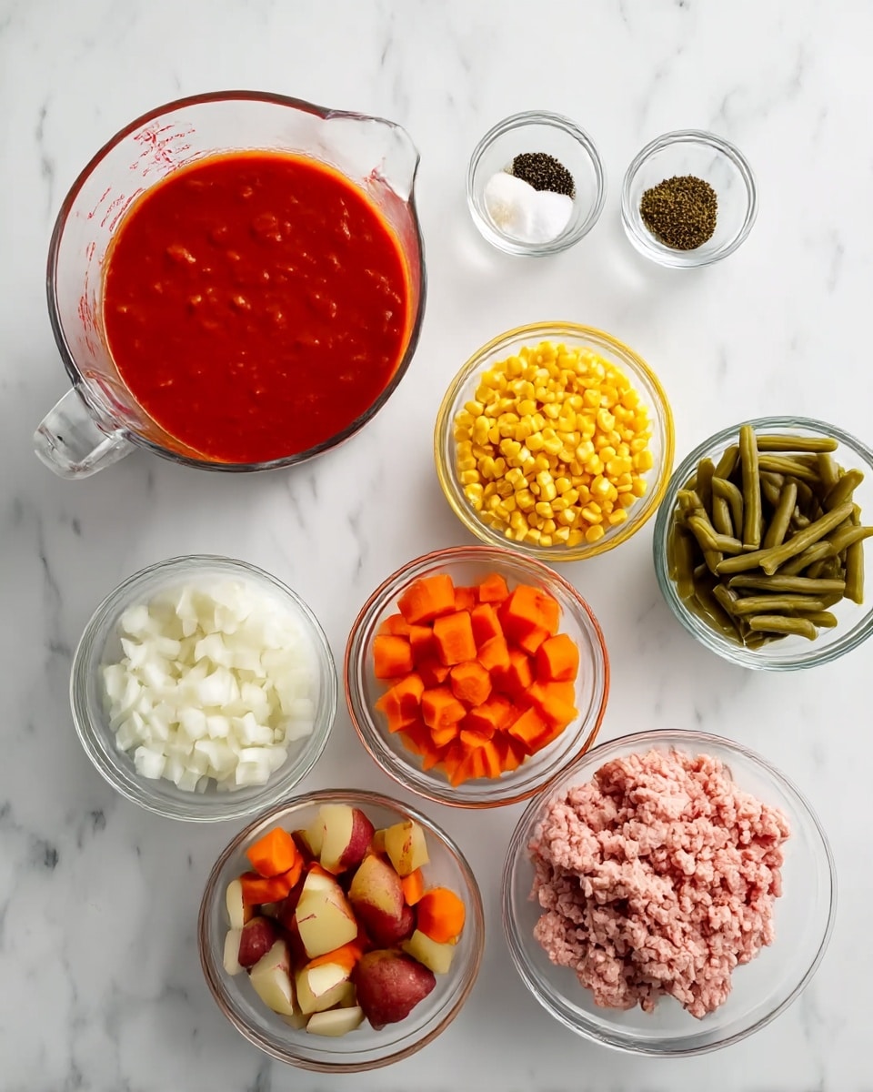 The image shows eight clear glass containers on a white marbled surface. In the top left is a large measuring cup filled with red tomato sauce. To its right are three small bowls in a row: the first holds salt, black pepper, and other spices, the second has bright yellow corn kernels, and the third contains green beans. Below, four bowls form a row. The leftmost bowl holds chopped white onions, next to it is diced orange carrots, followed by a bowl with chopped red-skinned potatoes, and the last bowl in the bottom center contains light pink ground meat. Everything is neatly arranged and clearly visible. photo taken with an iphone --ar 4:5 --v 7
