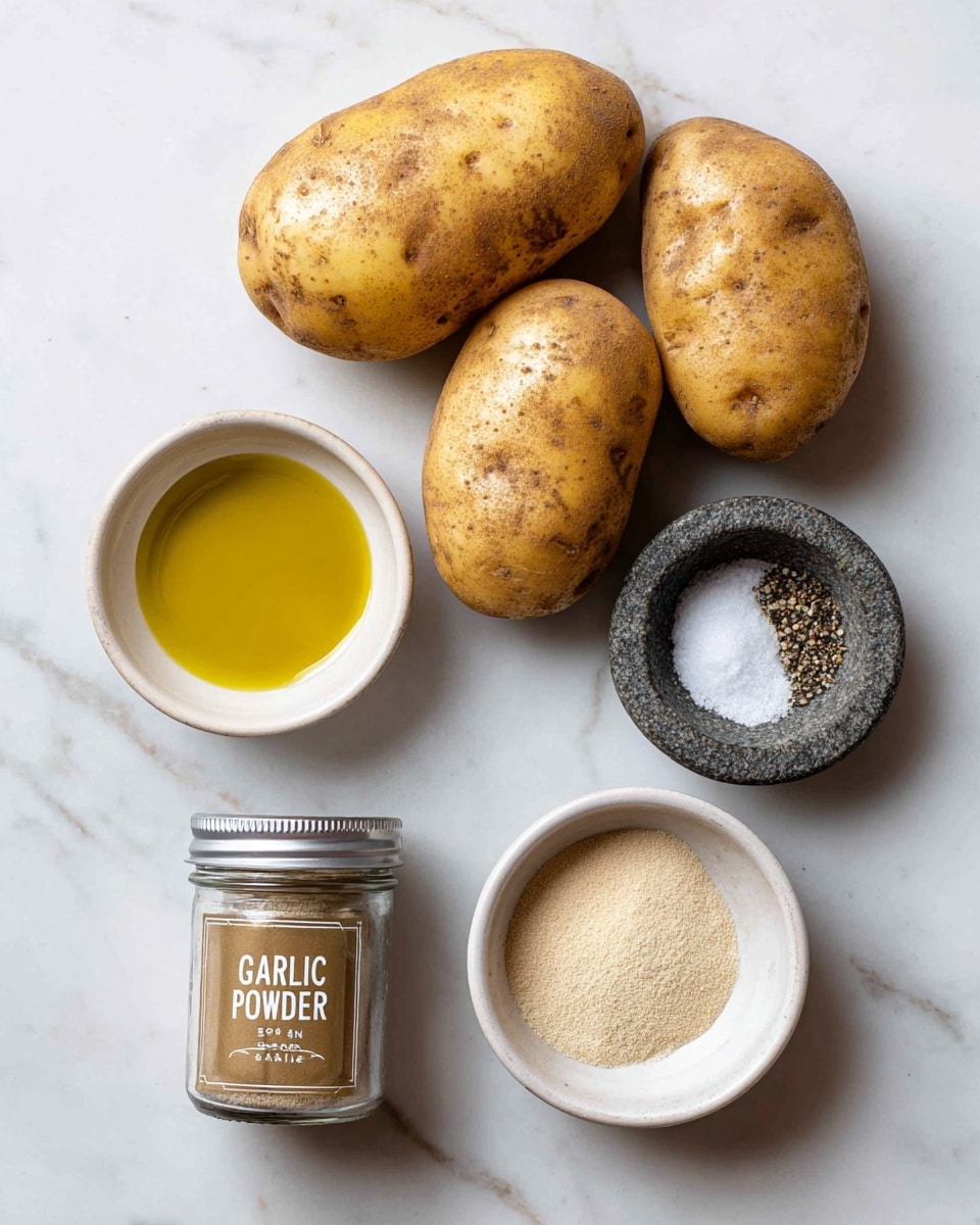 The image shows three russet potatoes placed side by side at the top on a white marbled surface. Below them, there is a small white bowl filled with yellow olive oil on the left, a stone bowl with black pepper in the middle, and a white bowl with white salt on the right. To the bottom left, a clear glass jar with a silver lid labeled