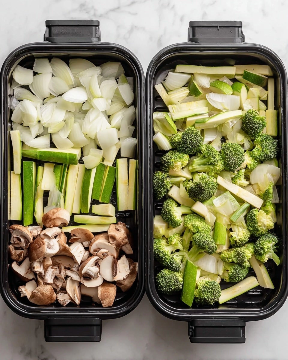 The image shows two electric grill pans on a white marbled surface, each filled with raw vegetables arranged in layers. On the left side, the pan holds a first layer of white onion pieces scattered at the top, followed by light green zucchini sticks placed below the onions, bright green broccoli florets in the middle, and light brown sliced mushrooms at the bottom. On the right side, the pan shows the vegetables mixed together more loosely, with onion pieces, long zucchini sticks, broccoli florets, and mushroom slices spread unevenly across the grill surface. The grill pans are black and rectangular, and the lighting highlights the fresh textures of the vegetables. Photo taken with an iphone --ar 4:5 --v 7