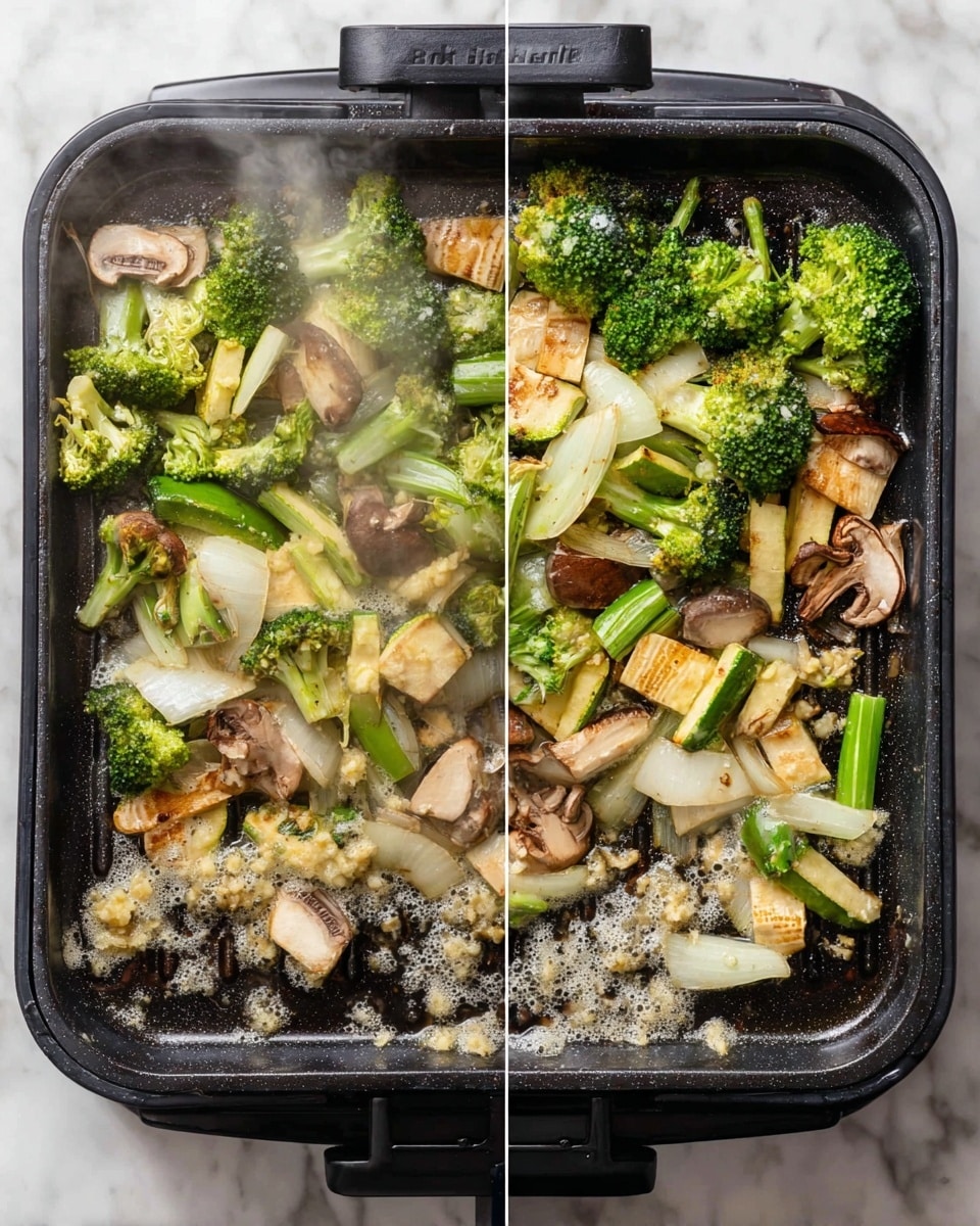 The image shows a black electric grill on a white marbled surface, filled with cooked vegetables. The vegetables are spread over the top half of the grill and include green broccoli florets, light green zucchini sticks, brown mushrooms, and white onion pieces. The vegetables have a slightly browned texture, showing they are grilled. At the bottom of the grill, there is softened melting butter with finely chopped garlic sitting on top, bubbling and sizzling. Light steam rises from the grill, giving a fresh and hot feeling. photo taken with an iphone --ar 4:5 --v 7