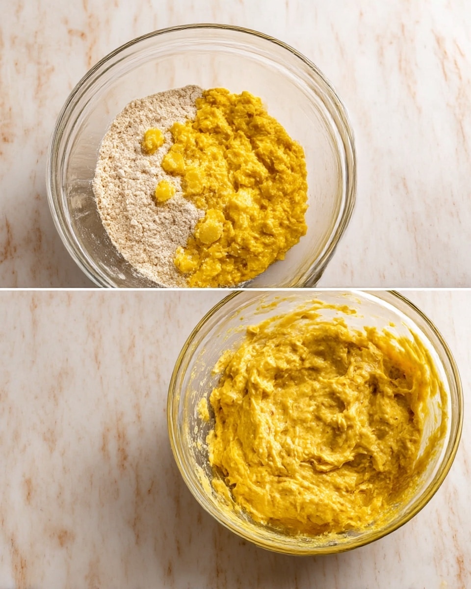 The image shows two clear glass bowls on a white marbled surface, each containing stages of a batter mix. The bowl on the left has visible layers with a bottom layer of light beige flour and a thick, bright yellow mixture with small chunks on top. The bowl on the right displays the same ingredients fully mixed into a thick, creamy batter with a textured, uneven surface and similar yellow color with specks of the chunks throughout. photo taken with an iphone --ar 4:5 --v 7