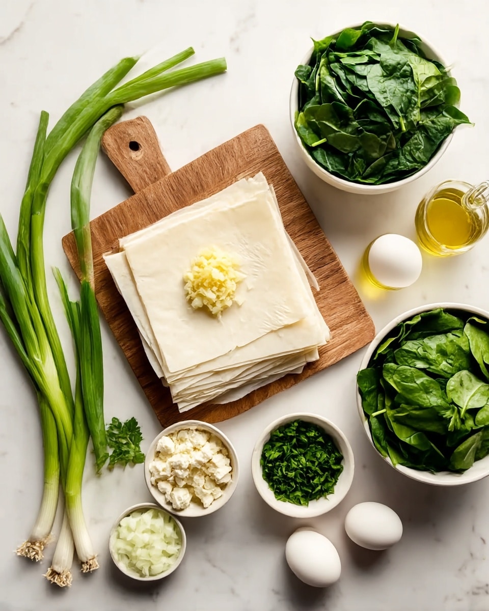 The image shows a flat lay of fresh cooking ingredients on a white marbled surface. There are three layers of white filo dough sheets placed side by side on a wooden board in the center left. On top of and next to the dough, there is a small pile of minced garlic in a light yellow color, and a bunch of bright green spring onions lies beside the board. Around the board, there are small white bowls filled with chopped white onions, crumbled white feta cheese, a creamy white mixture, and chopped fresh green parsley. A large white bowl filled with fresh green spinach leaves is on the top right side. There is also a small glass container with golden yellow olive oil and a small bowl with two white eggs. The overall colors are fresh greens, whites, and light brown wood, arranged neatly with natural lighting. Photo taken with an iphone --ar 4:5 --v 7