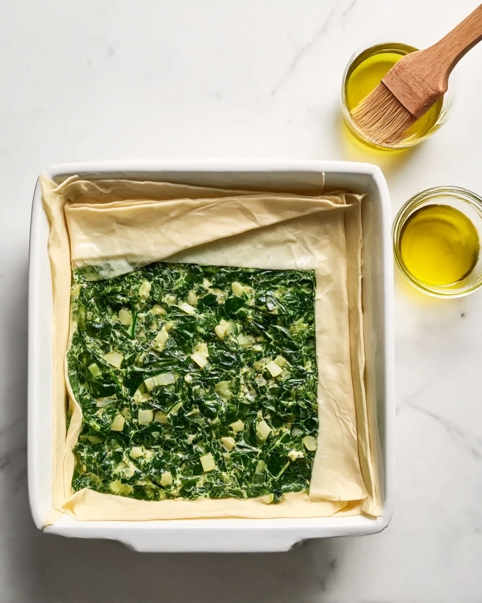 The image shows a white square baking dish filled with three visible layers. The bottom and top layers are thin, light beige sheets of pastry dough, with the top layer folded slightly over the edges. The middle layer is a mix of chopped green spinach and small pieces of light-colored onions or garlic, creating a textured, leafy green filling. To the right of the baking dish, there is a small glass jar filled with yellow oil and a wooden brush resting on top, all placed on a white marbled surface. Photo taken with an iphone --ar 4:5 --v 7