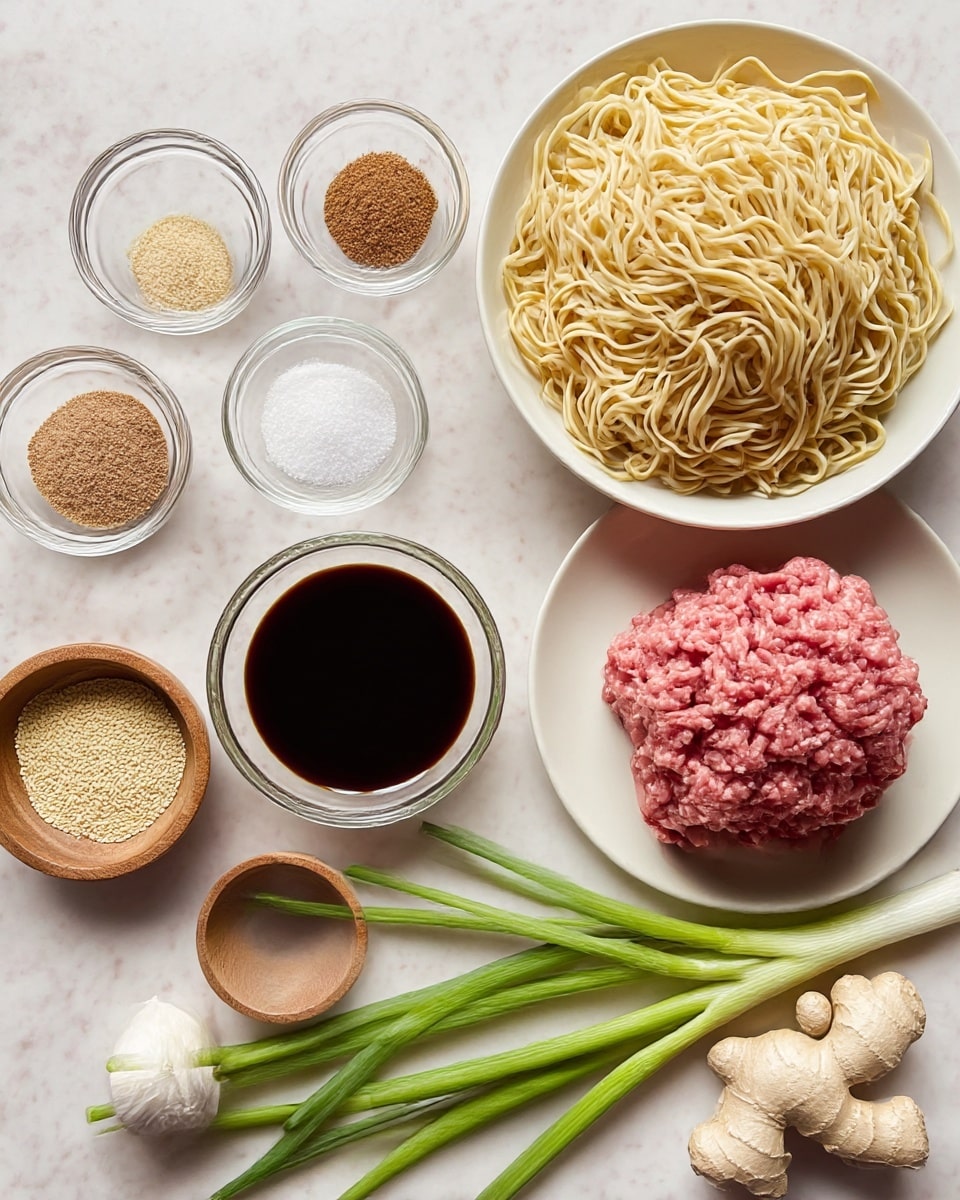 A white bowl filled with a tangled mound of light yellow noodles sits near the center on a white marbled surface. To the right of it, a white plate holds a mound of raw pink ground meat with a soft, textured look. Surrounding these are small glass and wooden bowls containing light brown brown sugar, white powder, yellow sesame seeds, dark soy sauce, and thick dark sauce arranged neatly. Fresh green scallions with long stalks, a light beige piece of ginger with a knobby texture, and a white bulb of garlic are placed casually near the bottom on the white marbled surface. Photo taken with an iphone --ar 4:5 --v 7
