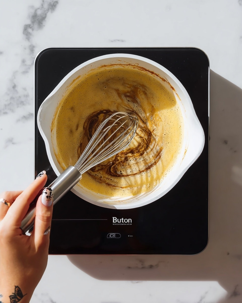 A white saucepan is placed on a black induction cooktop, which sits on a white marbled surface. Inside the saucepan, there is a liquid with two visible layers: a lighter yellow frothy layer around the edges and a darker brown swirled center, showing movement as it is being whisked. A metal whisk is held by a woman's hand with painted nails and visible small tattoos, actively stirring the mixture. The overall scene is bright with natural light highlighting the textures and colors. photo taken with an iphone --ar 4:5 --v 7