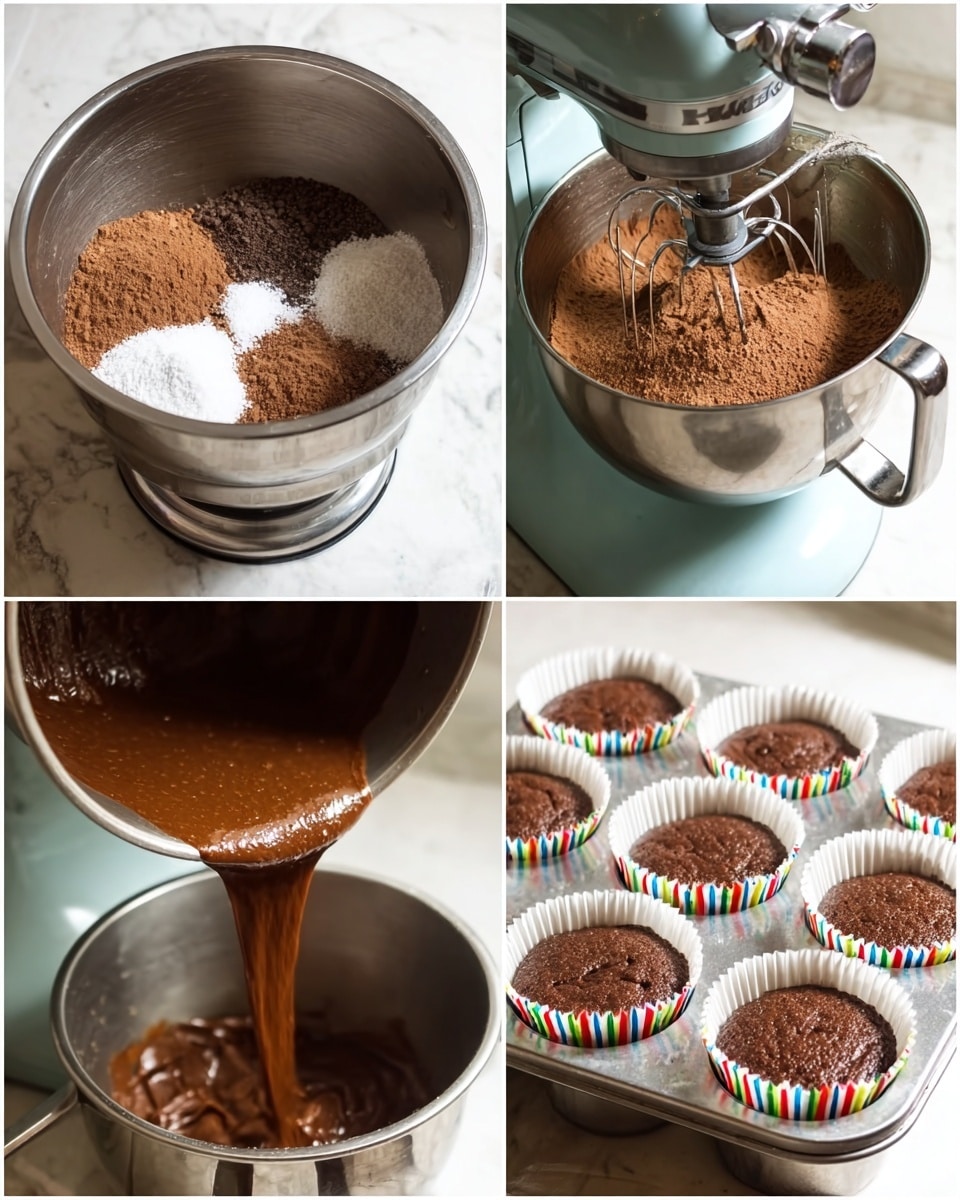 A collage of four images showing the process of making chocolate cupcake batter on a white marbled surface. The first image shows a silver mixing bowl filled with dry ingredients like cocoa powder and sugar, layered with brown powder and white granules on top. The second image shows a stand mixer with the silver bowl attached, mixing the dry ingredients into a fine, light brown powder. The third image shows thick, smooth chocolate batter dripping from the mixer's paddle attachment inside the bowl, with a dark brown, glossy texture. The last image shows the batter poured into white cupcake liners with colorful stripes, filling the twelve spots in a white metal muffin tray, the batter looking liquid and chocolate brown. photo taken with an iphone --ar 4:5 --v 7