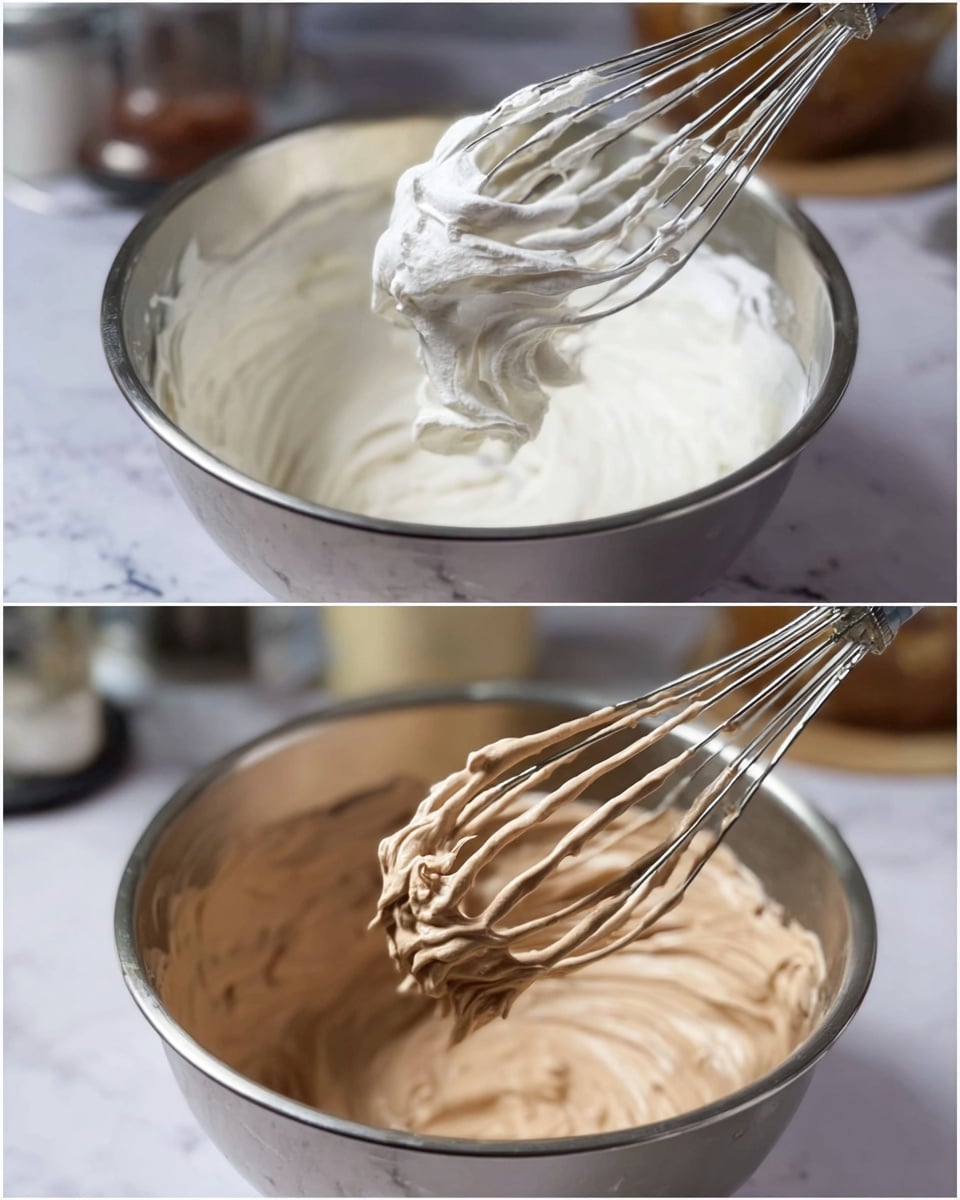 The image shows two close-up views of metal mixing bowls with wire whisks covered in creamy mixtures. The top view has a light, white, fluffy cream on the whisk and in the bowl below, with a smooth but soft texture. The bottom view features a thicker, light brown cream coating the whisk and bowl, also smooth but denser. Both bowls sit on a surface with a white marbled texture. In the background, blurred kitchen items add context to the scene. photo taken with an iphone --ar 4:5 --v 7