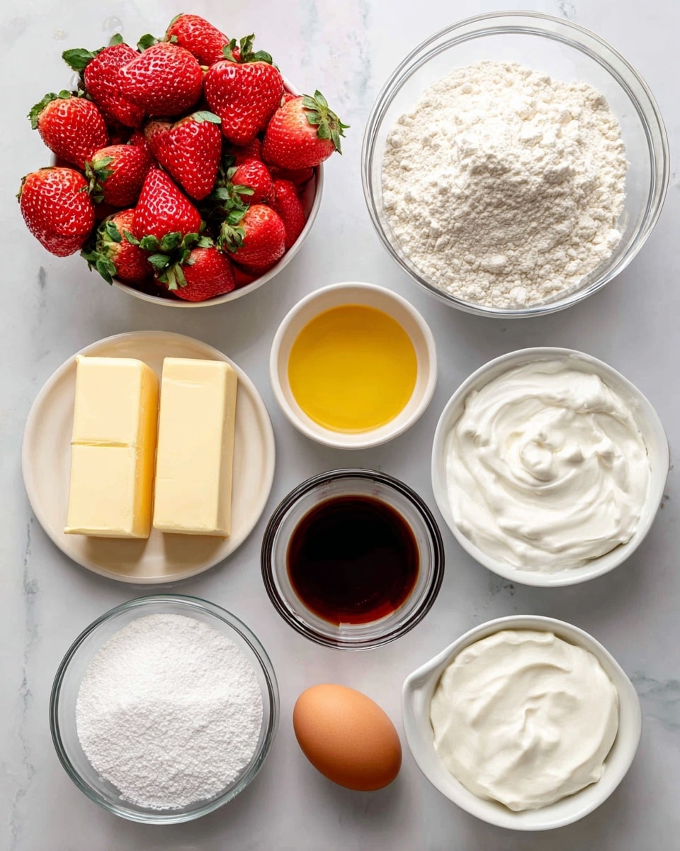 A top-down view of several ingredients arranged neatly on a white marbled surface. In the center right is a large clear glass bowl filled with white cake flour. Above it, to the right, a small clear glass bowl holds white sour cream with a slightly textured surface. To the right of sour cream, a small white bowl contains dark brown vanilla extract. Above the vanilla is a white bowl with yellow egg and egg whites next to a brown egg. Centered left is a clear glass measuring cup filled about halfway with white milk. Below milk are two sticks of yellow butter stacked. To the left is a white bowl filled with white sugar. Below sugar is a small white bowl with white baking powder, and next to it is a small metal container with salt. At the top left, a white bowl is filled with bright red strawberries with green leaves. The scene is bright and clean, with each ingredient clearly visible. Photo taken with an iphone --ar 4:5 --v 7
