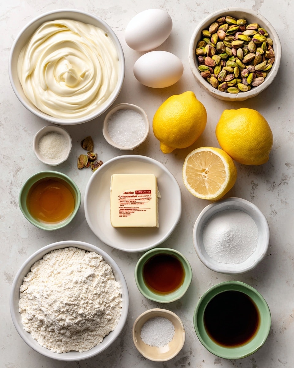 A top-down view of baking ingredients arranged separately on a white marbled surface, each in white bowls or placed directly on the surface. At the top left is a bowl of creamy white sour cream with visible swirls. To the right, a bowl filled with greenish-brown pistachios. In the center rows are two whole lemons, one lemon cut in half showing bright yellow flesh with tiny segments, a small white bowl of baking powder, two white eggs, and a stick of light yellow butter with red text. Below are small green bowls holding almond extract and dark brown vanilla liquid. At the bottom left is a bowl filled with fine white sugar and next to it, a bowl piled with off-white flour with a slightly powdery texture. Scattered around are small piles of salt. photo taken with an iphone --ar 4:5 --v 7