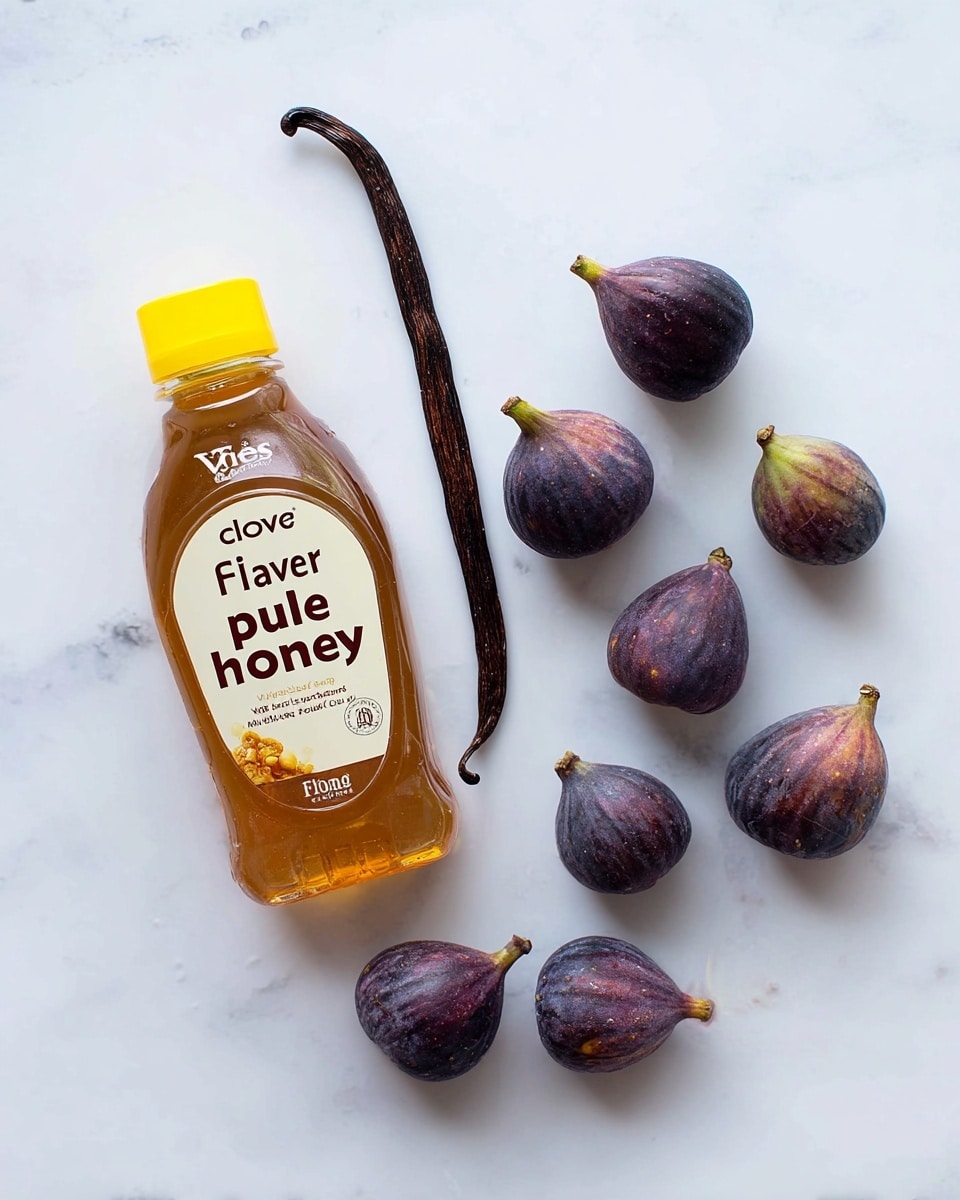 The image shows a white marbled surface with three main ingredients spread out. On the left side is a small plastic bottle of clear amber honey with a bright yellow cap, labeled