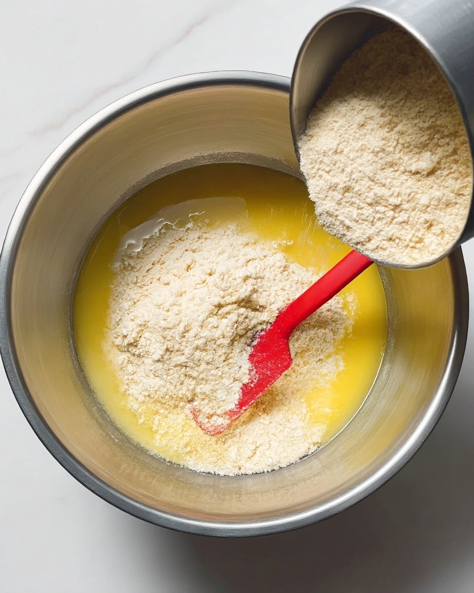 A silver mixing bowl sits on a white marbled surface, containing a yellow liquid layer at the bottom, likely melted butter or oil. Light beige flour is being poured into the bowl from a silver container at the top right. Inside the bowl, a bright red spatula is partially submerged in the mixture, resting near the middle and angled slightly to the right. The flour has a soft, powdery texture, while the yellow liquid looks smooth and shiny. The scene is bright and clean, showing the start of combining ingredients. Photo taken with an iphone --ar 4:5 --v 7