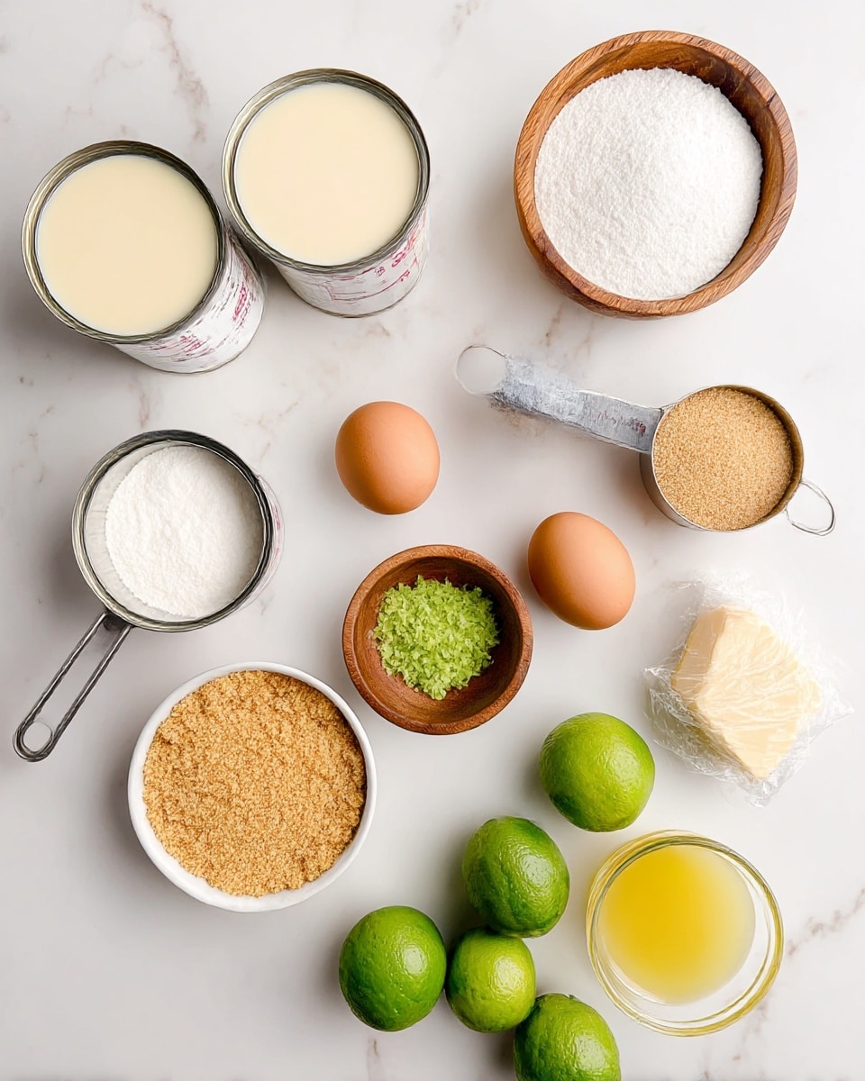The image shows a top view of different baking ingredients arranged neatly on a white marbled surface. There are two open cans of creamy light beige liquid near the top left, a wooden bowl with white powder at the top right, and a metal measuring cup filled with a light brown granulated substance below it. Near the center, two brown eggs lie side by side next to a small wooden bowl with green lime zest. To the left of the eggs is another metal measuring cup holding white creamy substance, and at the bottom left, a white bowl filled with golden brown crumbs. On the bottom right, there is a small glass bowl with a yellow liquid, surrounded by halved and whole fresh green limes. Lastly, a wrapped piece of butter is placed near the measuring cup with brown sugar. photo taken with an iphone --ar 4:5 --v 7