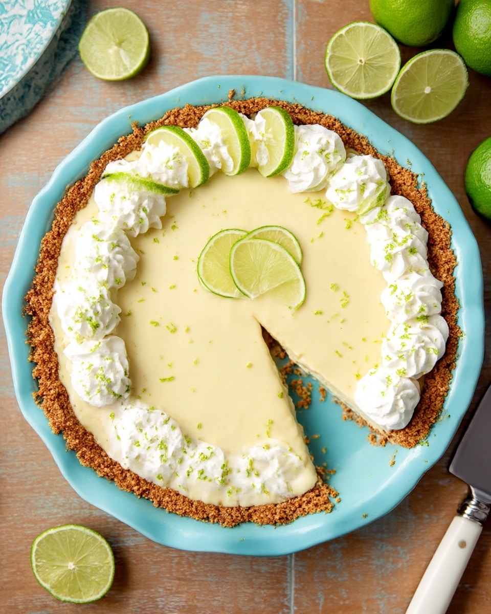 A round lime pie sits in a light blue pie dish with a crumbly brown crust lining the edges. The smooth pale yellow filling is topped with evenly spaced white whipped cream swirls around the edge, each sprinkled with small green lime zest. A semi-circle of thin lime slices decorates the top center, adding a fresh green color contrast. One slice is slightly removed, showing the creamy texture inside. The pie is on a wooden table with whole and halved limes nearby and a knife with a white handle to the side. Photo taken with an iphone --ar 4:5 --v 7