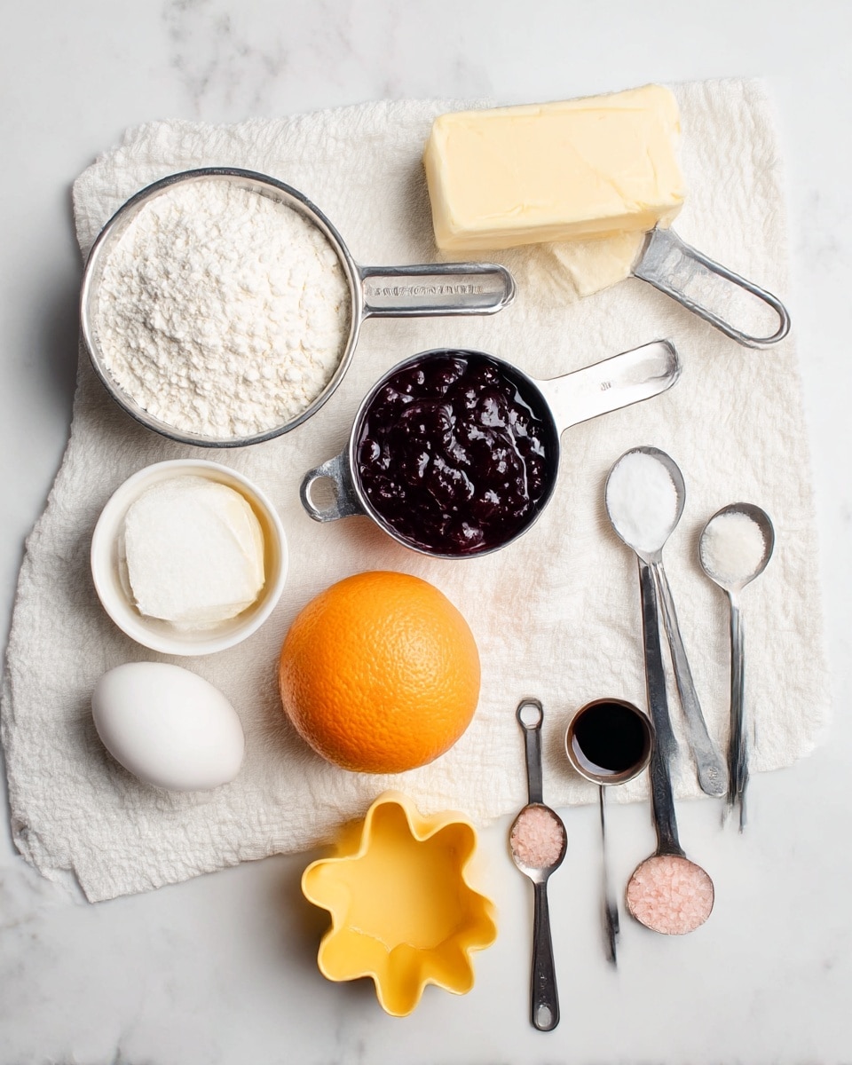 This image shows baking ingredients neatly arranged on a white textured cloth over a white marbled surface. There are three metal measuring cups filled with white flour, granulated sugar, and dark red berry jam, positioned in the top center, bottom left, and top right of the image. A light yellow block of butter sits in a small white bowl on the left side. A white egg is placed near the center, close to a whole bright orange. To the right of the orange, three small metal measuring spoons hold white powder, a dark liquid, and a small amount of pink salt, lined up horizontally. Near the center bottom is a yellow, flower-shaped cookie cutter. Photo taken with an iphone --ar 4:5 --v 7