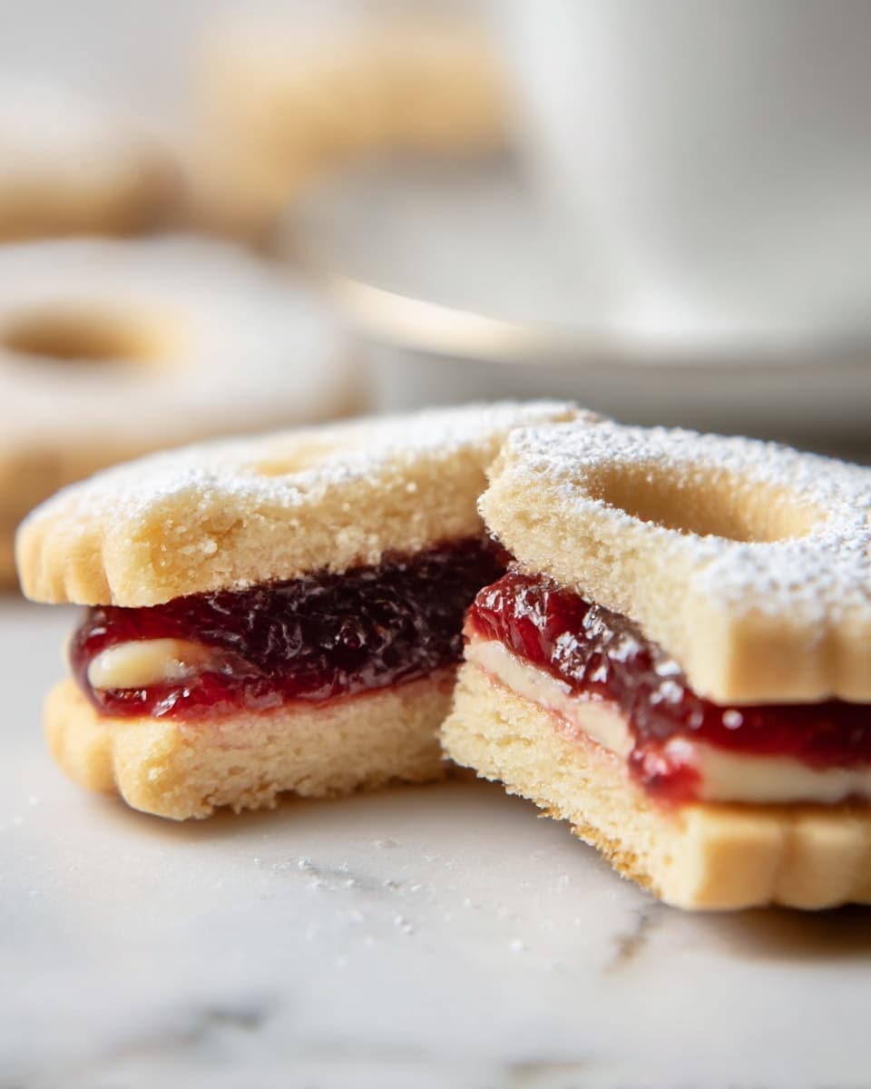 A small sandwich cookie broken in half shows three layers: a bottom thin, light brown crunchy cookie layer; a middle creamy pale yellow filling; and a top layer of shiny red berry jam. The cookie on the white marbled surface is dusted with powdered sugar and has a round hole in the center revealing the dark red jam inside. In the background, out of focus, there is a white cup. photo taken with an iphone --ar 4:5 --v 7