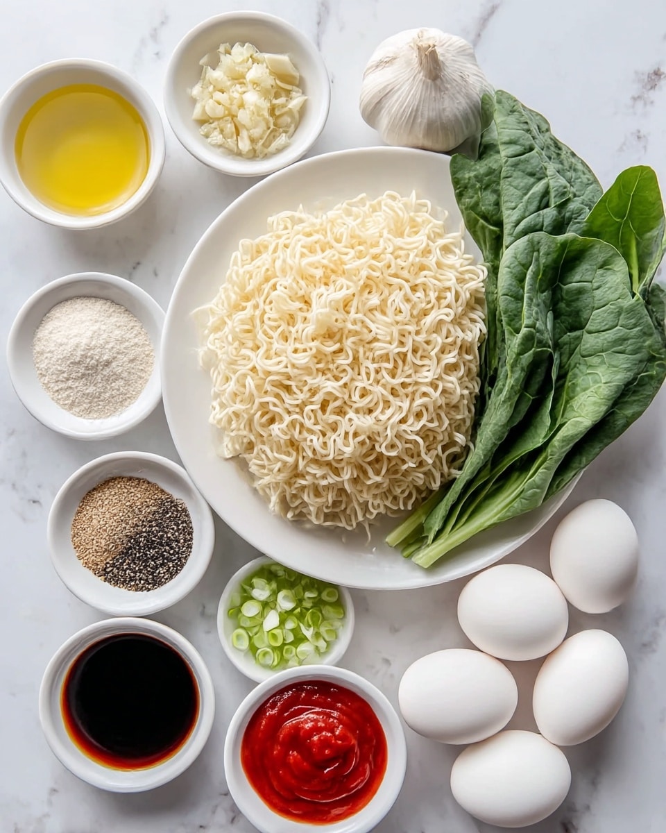 The image shows a white plate filled with a pile of uncooked, curly off-white noodles in the center. To the right of the noodles are fresh green leafy vegetables with a smooth texture. Around the main plate, there are small white bowls holding various ingredients: at the top left, a bowl with light yellow oil; below it, a bowl with minced garlic, then a whole white garlic bulb next to it; under the garlic bulb, a bowl containing white powder; to the bottom left, a bowl with a mix of black and white pepper; below the noodles, a bowl with chopped pale green onions; to the left of the onions, a bowl with dark brown soy sauce; to the right of the noodles, a bowl with bright red sauce; and at the bottom right, a bowl with four whole white eggs. The items are arranged on a white marbled surface photo taken with an iphone --ar 4:5 --v 7