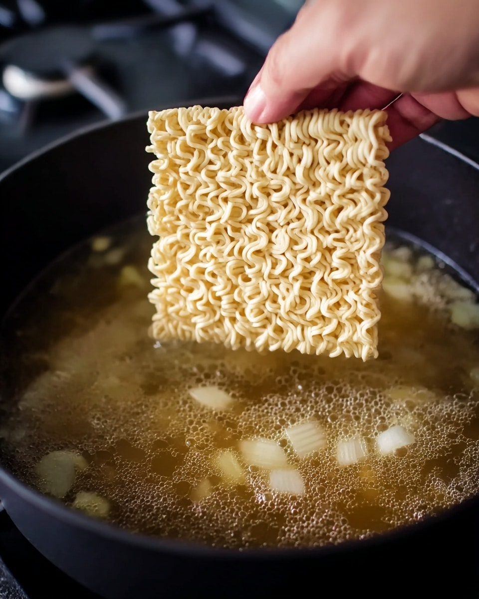 A woman's hand is holding a square block of uncooked instant ramen noodles just above a black pot filled with simmering broth that has small pieces of white onion floating in it. The noodles are pale yellow and tightly curled in an even grid, while the broth below shows tiny bubbles rising and a light golden color. The background shows a blurred stove and kitchen area with dark tones. The scene is focused on the action of placing the noodles into the broth, highlighting the texture of both the noodles and the liquid. photo taken with an iphone --ar 4:5 --v 7
