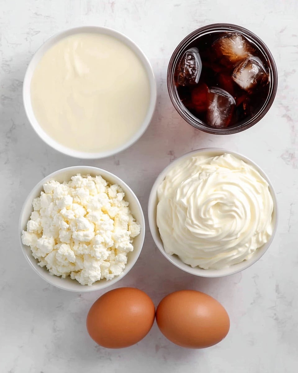 The image shows five different items on a white marbled surface. In the top left is a white bowl filled with a smooth, creamy white liquid. To the right, there is a clear glass filled with dark brown liquid and ice cubes. Below these, on the left, is a white bowl full of fluffy, crumbly white cheese. Next to it on the right is another white bowl filled with thick, swirled white cream. In front of these bowls, there are three whole brown eggs placed side by side. The photo taken with an iphone --ar 4:5 --v 7
