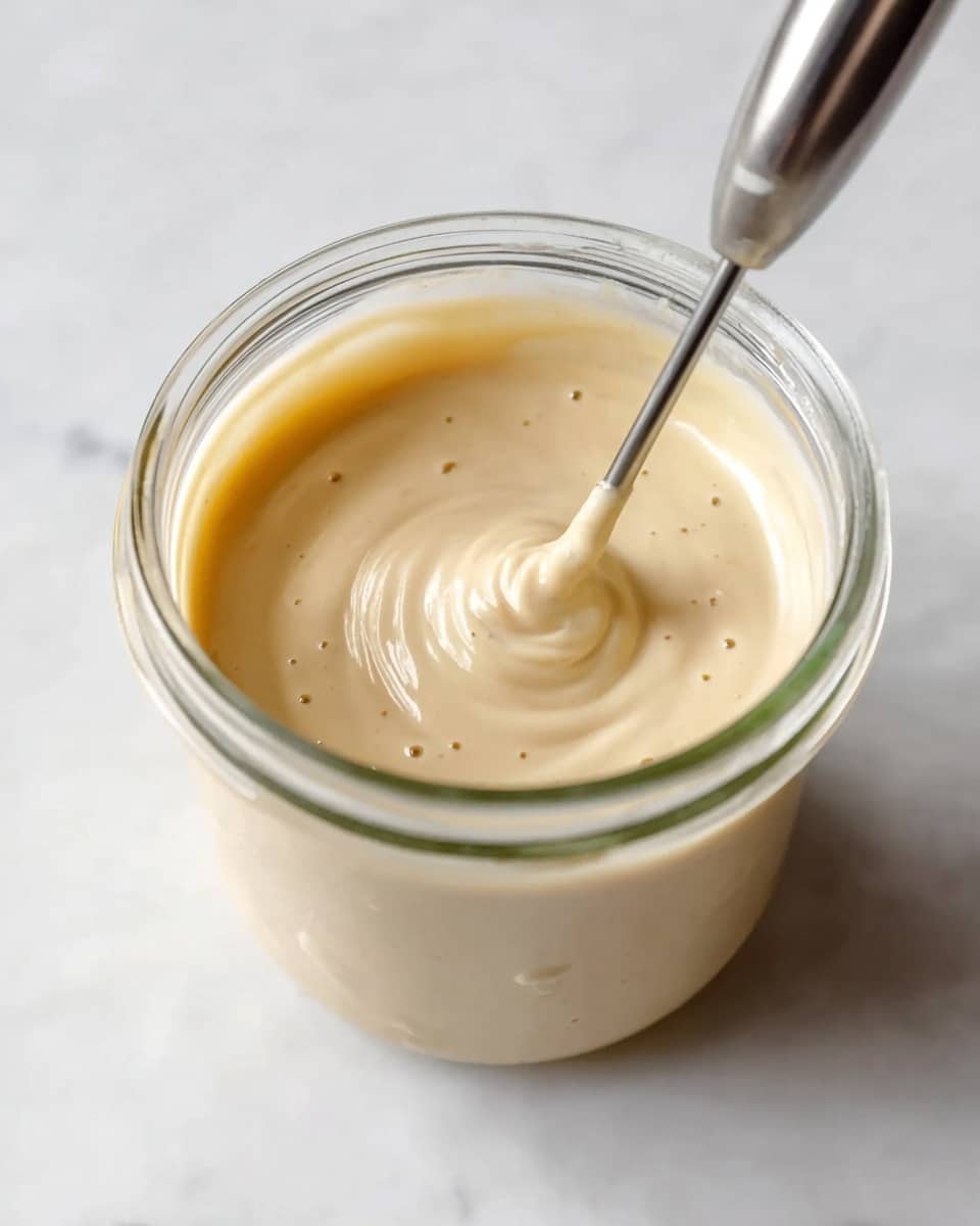 A clear glass jar filled with a thick, creamy light beige sauce is being stirred by a silver handheld mixer, creating a swirl pattern on the sauce's smooth surface. The jar sits on a white marbled surface that adds a clean and bright background. The sauce texture looks smooth and rich with tiny bubbles visible. The tip of the mixer is in the sauce near the center, showing motion in the swirl pattern. photo taken with an iphone --ar 4:5 --v 7