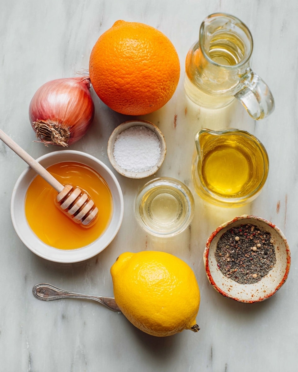 The image shows a bright orange placed near the bottom center, with a yellow lemon positioned just above it. To the left of the lemon is a small reddish shallot with its root end facing downward. Above the orange and lemon are two small white bowls, one containing salt with a small silver spoon and the other filled with golden honey with a wooden honey dipper resting inside. To the right of the lemon are two glass containers: a taller one filled with light yellow oil and a shorter one with a clearer liquid, both with round tops. At the bottom right, a small ceramic dish holds cracked black pepper. All items rest on a white marbled surface. Photo taken with an iphone --ar 4:5 --v 7