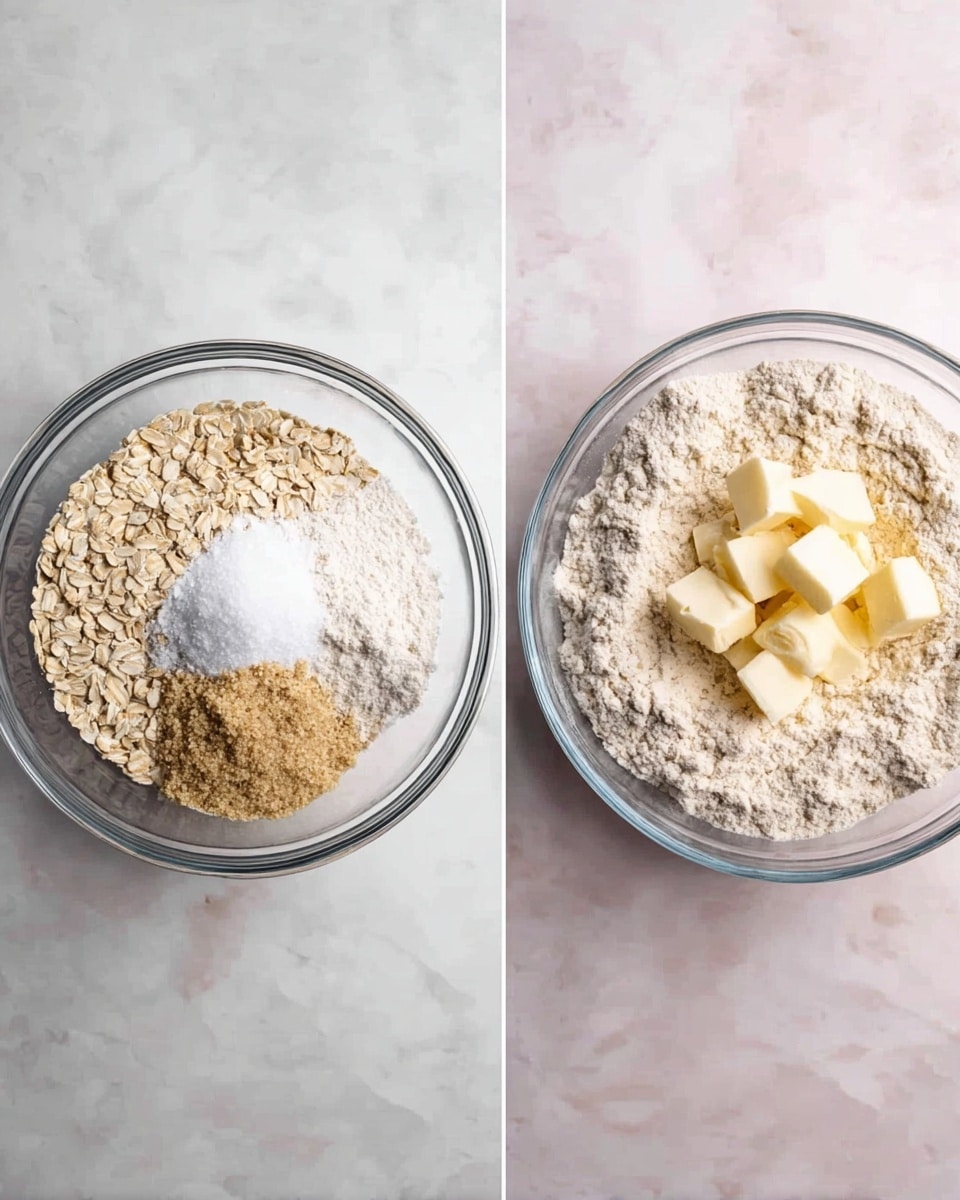 Two clear glass bowls on a white marbled surface, each containing dry ingredients for baking. The left bowl has four layers: a light beige layer of rolled oats, a small pile of white flour below, a small heap of light brown sugar, and a tiny pinch of white salt on top. The right bowl has a thick, coarse layer of oatmeal flour with several small, pale yellow cubes of butter placed on one side near the top. Photo taken with an iphone --ar 4:5 --v 7