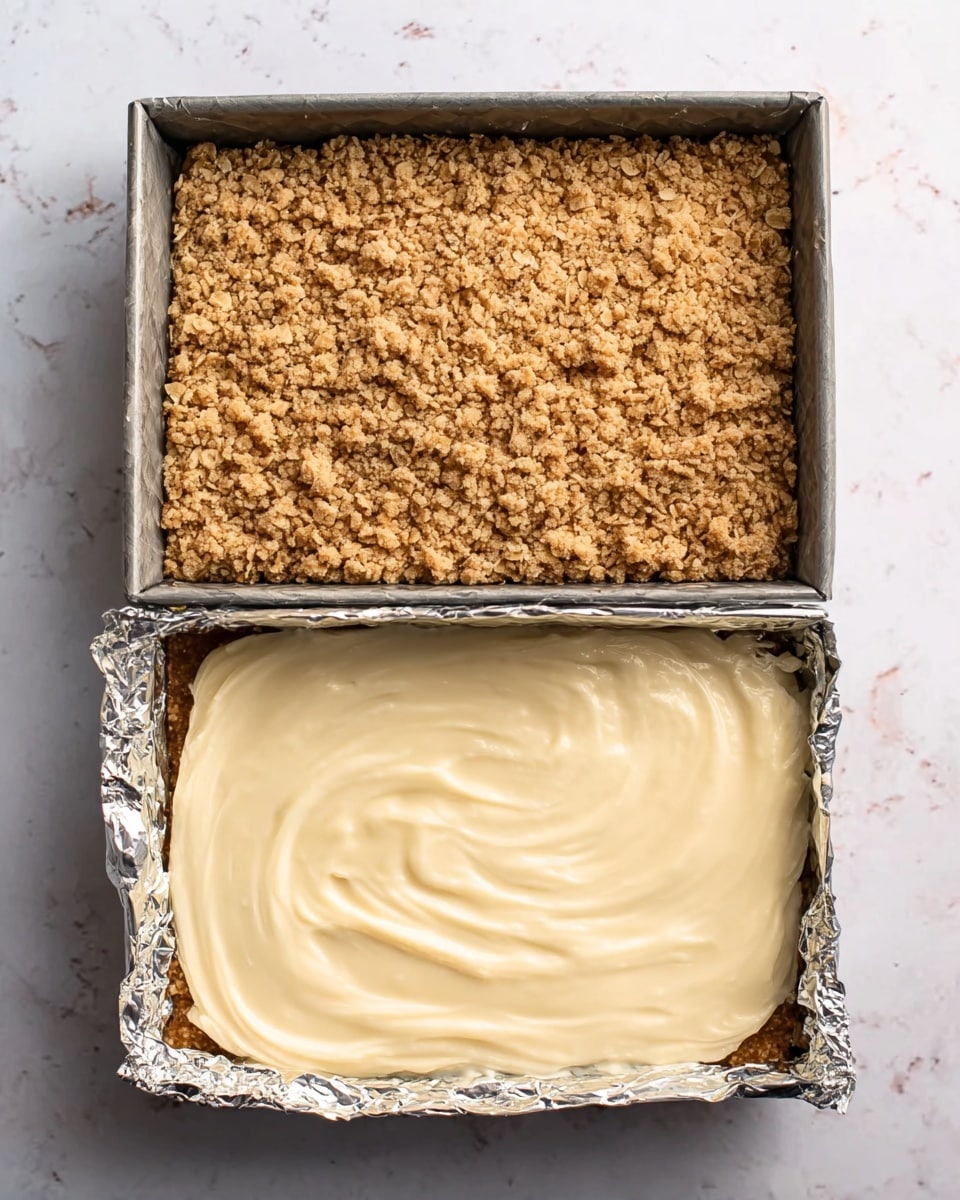 The image shows a square baking pan lined with shiny aluminum foil on a white marbled surface. Inside the pan is a single thick layer of a crumbly, light brown oat mix that looks textured and rough. In the second part of the image, a creamy, thick, pale yellow layer with a smooth and slightly swirled texture is being added on top of the oat base, partially covering it. Photo taken with an iphone --ar 4:5 --v 7