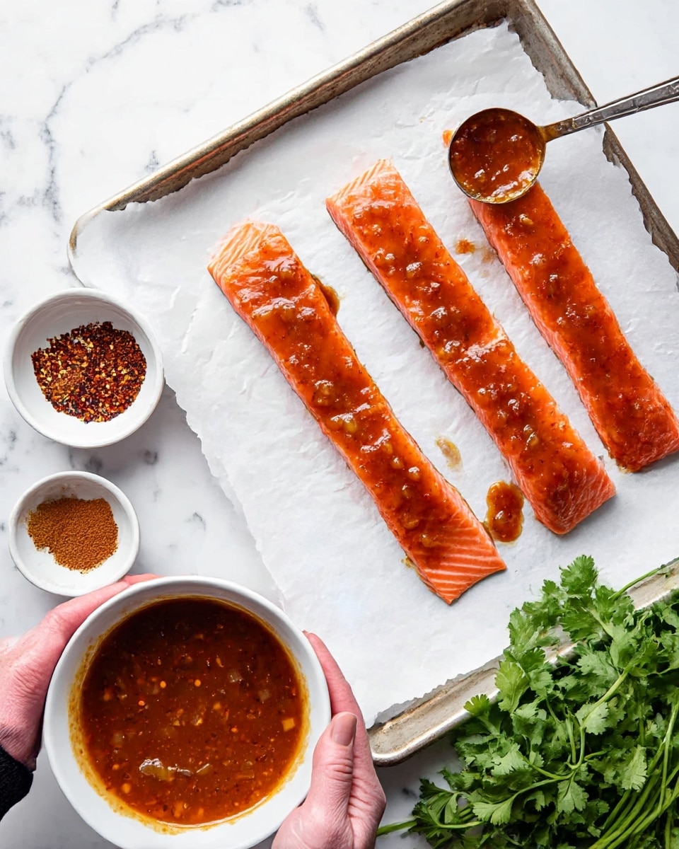 Four strips of raw pink salmon lay side by side on white parchment paper over a baking tray, each strip partially coated with a shiny brown-red sauce that has a slightly thick texture and small chunks. A woman's hand holds a metal measuring spoon filled with more sauce, poised above the fourth salmon strip to add more. In the foreground, another woman's hand holds a white bowl filled with the same sauce, showing its glossy surface and specks of spices. Nearby, a small white bowl contains various ground spices in shades of brown and red, and a bunch of fresh green cilantro rests on the white marbled surface next to the tray. Photo taken with an iphone --ar 4:5 --v 7