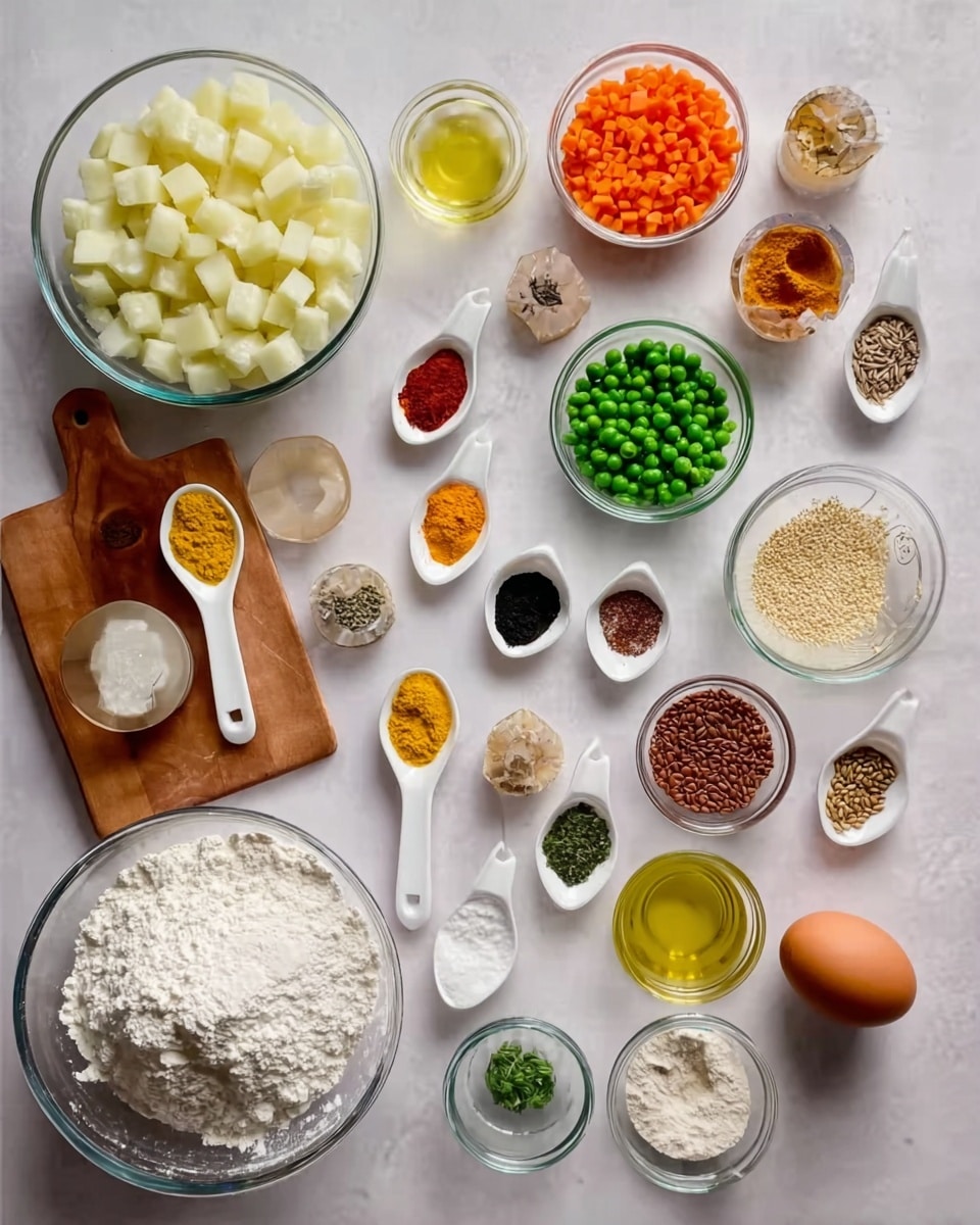 The image shows a flat white marbled surface filled with many small clear bowls and measuring spoons containing various ingredients neatly arranged. There are bowls with diced white potatoes, chopped onions, green peas, and shredded orange carrots. Nearby, small white spoons hold colorful spices like yellow, brown, red, and black powders. A large bowl of white flour and a single brown egg sit beside empty glasses and small containers of oils and other liquids. A wooden cutting board holds more spices and small bowls with seeds and herbs. Everything is placed carefully, showing a clean and organized setup for cooking, photo taken with an iphone --ar 4:5 --v 7