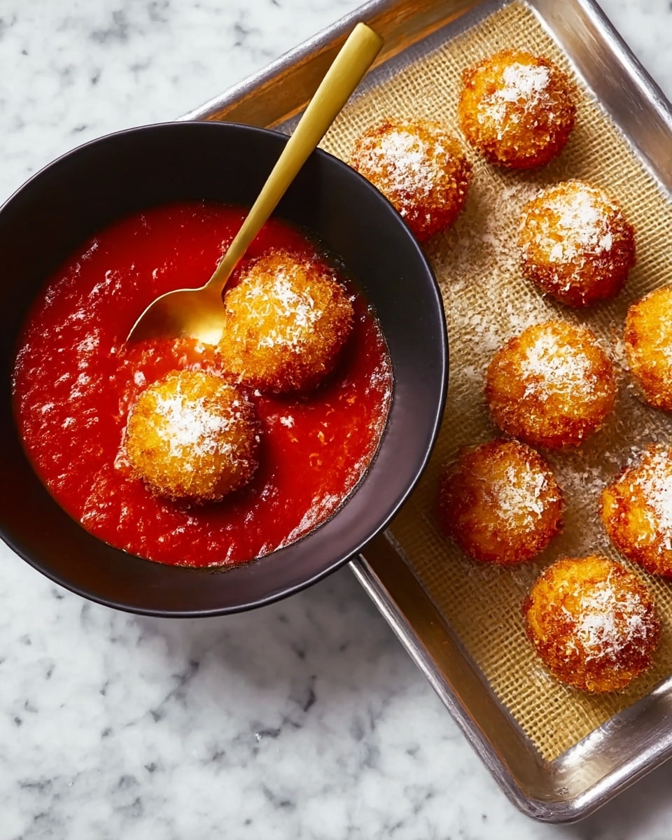 The image shows three golden-brown, crispy round pieces sitting partially in a thick, bright red sauce inside a black bowl. Each piece is topped with a light dusting of white cheese. A gold spoon rests inside the bowl, partly dipped in the sauce. Next to the bowl is a silver tray lined with a textured mat, holding several more pieces of the same crispy golden-brown food arranged in neat rows. All items are placed on a white marbled surface. photo taken with an iphone --ar 4:5 --v 7