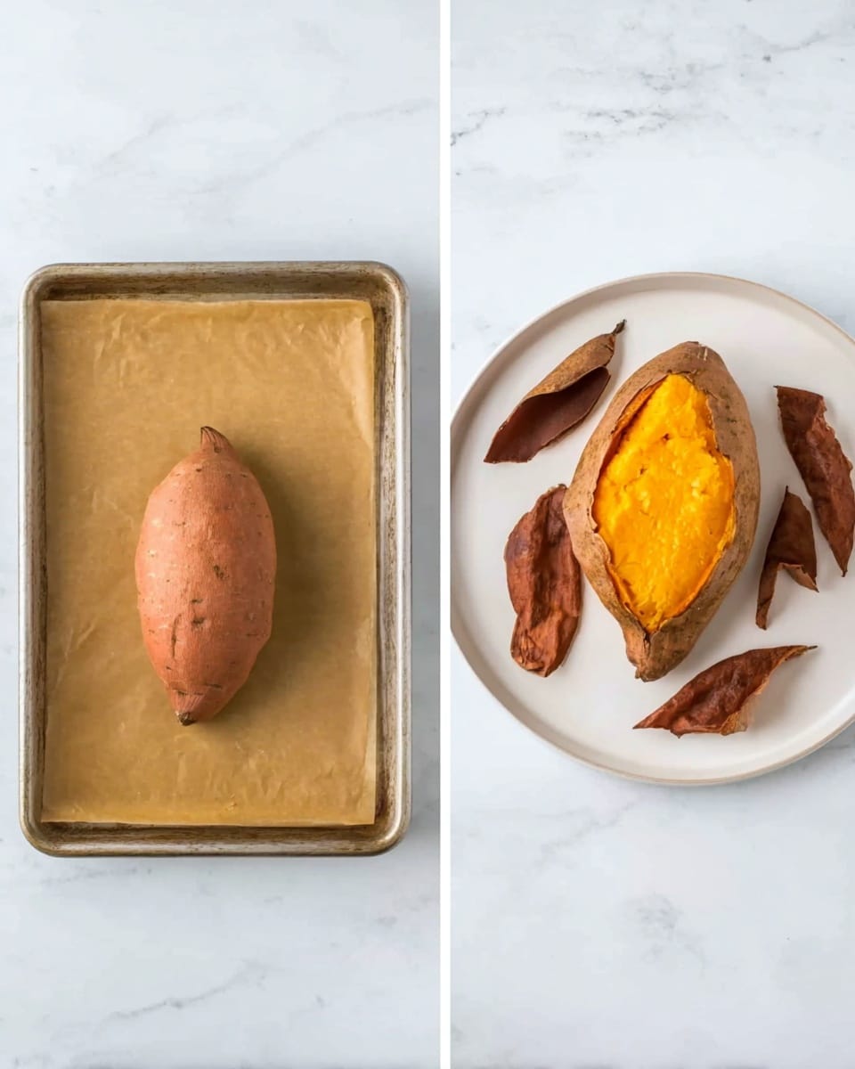 The image shows two side-by-side photos on a white marbled surface. On the left is a baking tray lined with brown parchment paper with a single, whole, cooked sweet potato inside. On the right is a white plate holding the peeled sweet potato with its orange flesh exposed, along with the dark brown peeled skin placed around it. Photo taken with an iphone --ar 4:5 --v 7