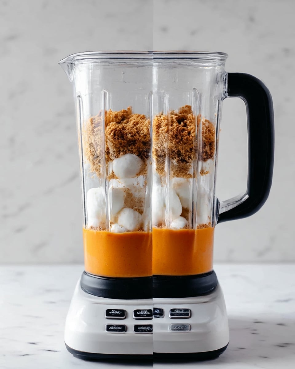 The image shows a clear blender jar with a black handle placed on a white blender base with buttons on the front. Inside the jar, there are three layers: the bottom layer is an orange sauce, the middle layer contains white dollops of a creamy ingredient, and the top layer consists of a crumbly brown mixture. The orange sauce has a smooth texture, the white creamy dollops are scattered unevenly around the bottom, and the brown crumbly layer sits loosely on top. The background is a white marbled texture. photo taken with an iphone --ar 4:5 --v 7