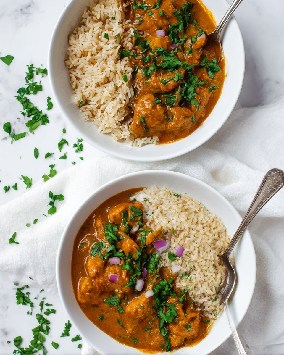 Two white bowls sit on a white marbled surface, each filled halfway with light brown cooked rice on the right side and thick, rich orange-brown curry with chunks of meat on the left side. The curry is topped with bright green chopped herbs and small pieces of diced red onion, adding pops of color. A silver fork rests on the edge of the front bowl, partly touching the rice, while scattered green herbs decorate the surrounding area. A white cloth napkin lies beneath the bowls, softening the scene. Photo taken with an iphone --ar 4:5 --v 7