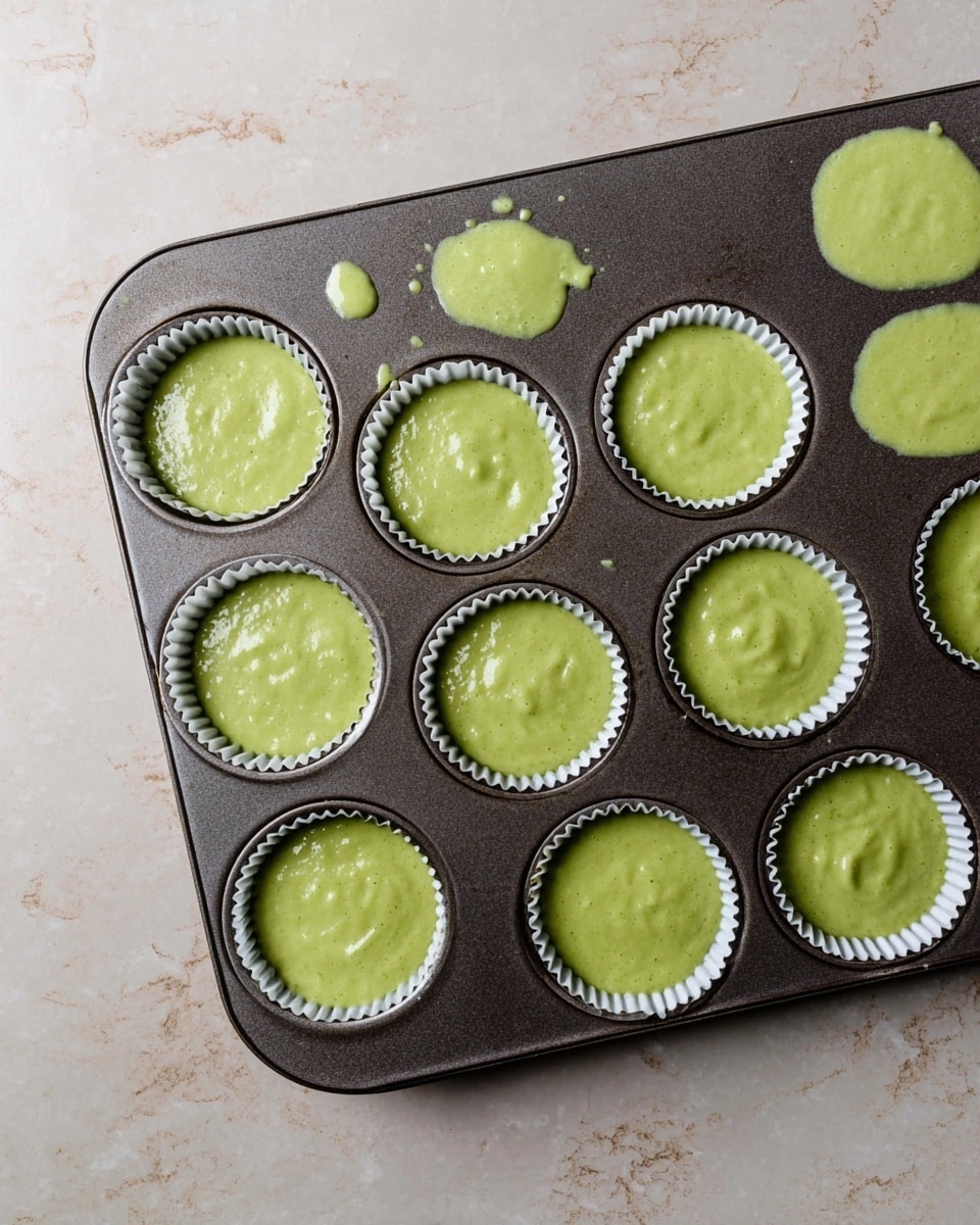 A dark metal muffin tray holds nine white paper liners, each filled with smooth, light green batter that looks creamy and thick. The batter fills almost to the top of each liner with small bubbles on the surface and slight unevenness in texture. There are a few drops of batter spilled around some cups on the tray. The tray rests on a white marbled surface that shows subtle gray and beige veins. The light is soft, highlighting the fresh green color and the shiny texture of the batter. photo taken with an iphone --ar 4:5 --v 7