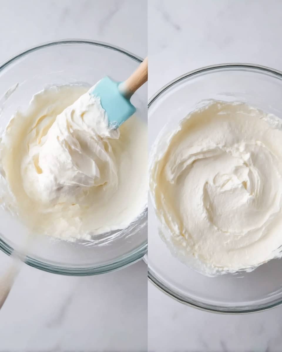 The image shows two glass bowls filled with a thick, creamy white mixture. The bowl on the left has a wooden spatula with a light blue silicone head partially inside, with the creamy mixture sticking to it and forming soft peaks. The bowl on the right contains the same mixture, but it is smoothed out evenly across the surface, showing a dense and smooth texture. Both bowls sit on a white marbled surface. photo taken with an iphone --ar 4:5 --v 7